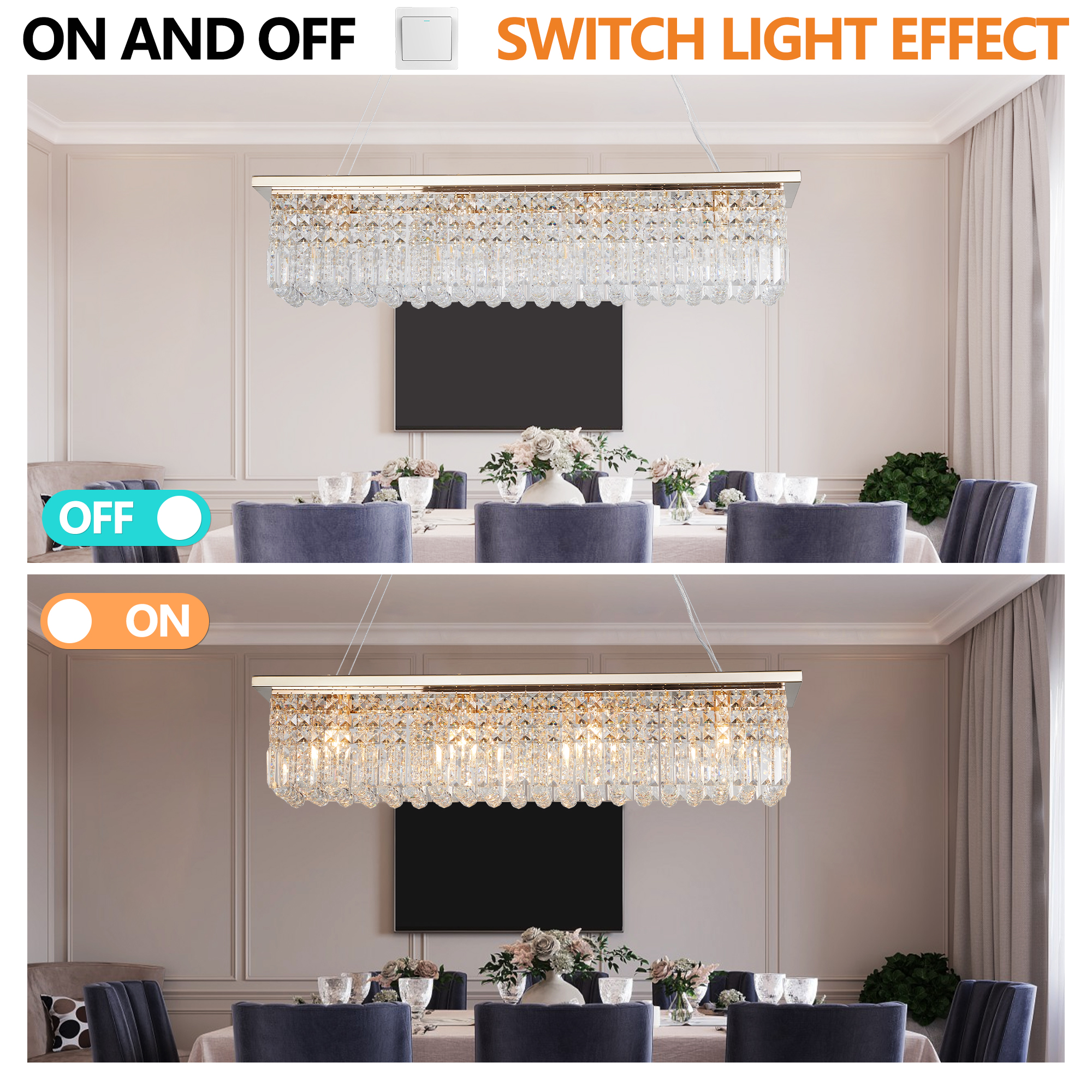 Modern Crystal Chandelier for Dining Room 8-Light Gold Rectangle Raindrop Chandelier Contemporary Rectangular Pendant Light Fixture for Kitchen Island Bar L39.4'' x W9.8'' x H8.7'(Bulb Not Included) - Image 6