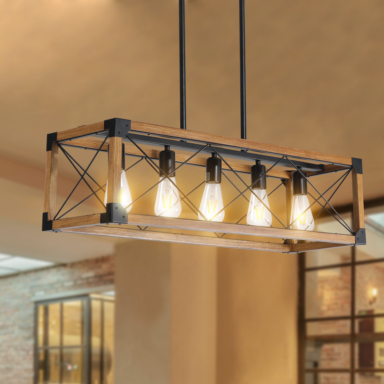 (Same as W1340111207/L1011) 32" Walnut Industrial Farmhouse Rectangle Pendant Light, 5-Light Chandelier for Dining Room, Kitchen Island, Cafe Decor (No Bulbs) - Image 2