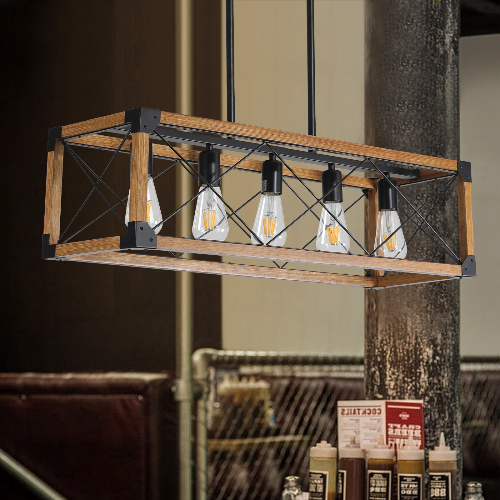 (Same as W1340111207/L1011) 32" Walnut Industrial Farmhouse Rectangle Pendant Light, 5-Light Chandelier for Dining Room, Kitchen Island, Cafe Decor (No Bulbs) - Image 3