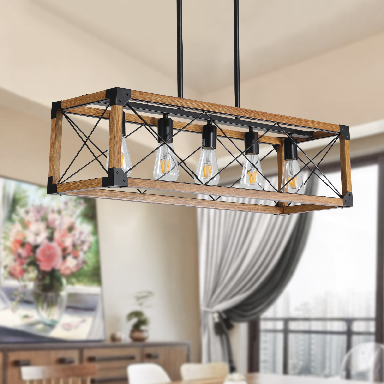 (Same as W1340111207/L1011) 32" Walnut Industrial Farmhouse Rectangle Pendant Light, 5-Light Chandelier for Dining Room, Kitchen Island, Cafe Decor (No Bulbs) - Image 4