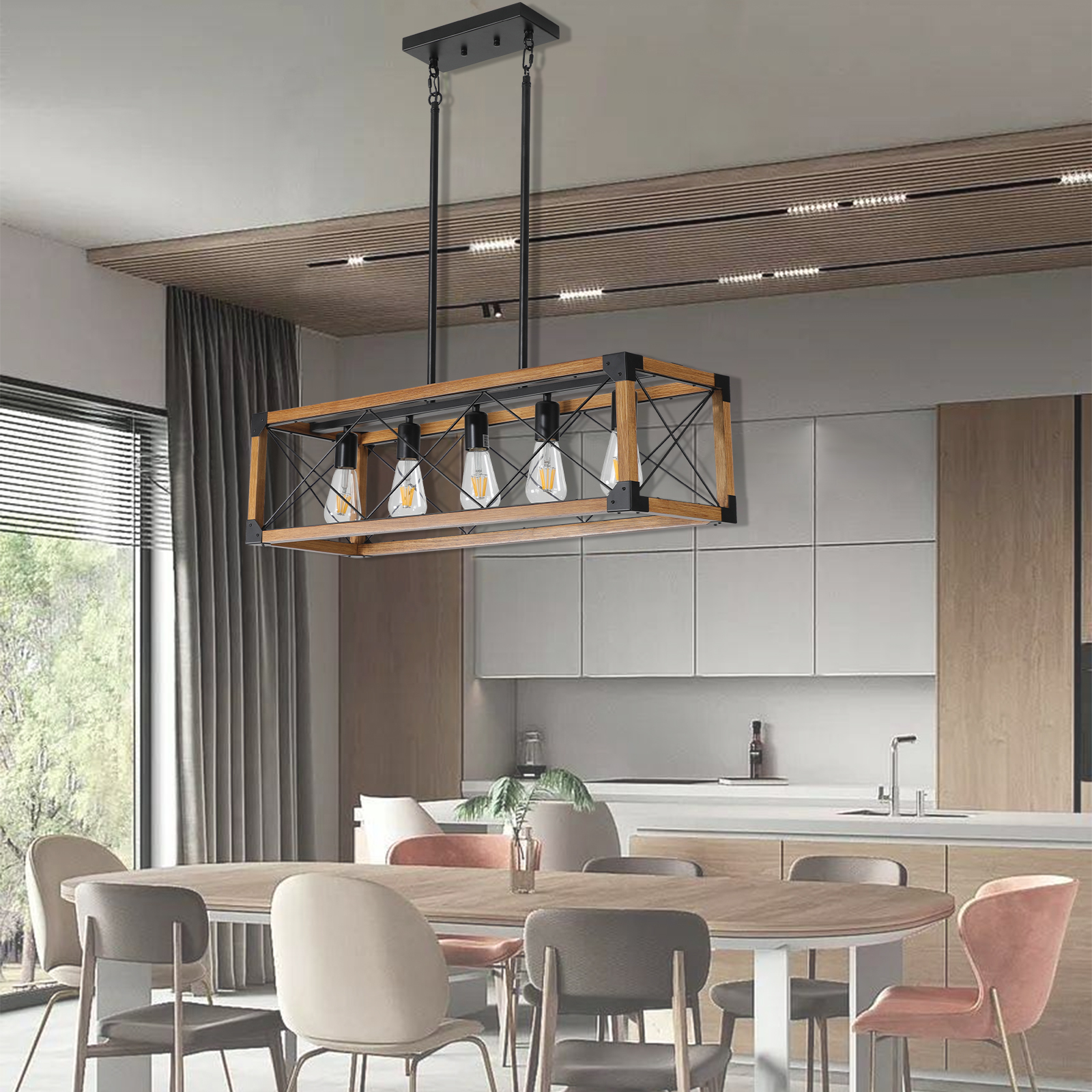 (Same as W1340111207/L1011) 32" Walnut Industrial Farmhouse Rectangle Pendant Light, 5-Light Chandelier for Dining Room, Kitchen Island, Cafe Decor (No Bulbs) - Image 5