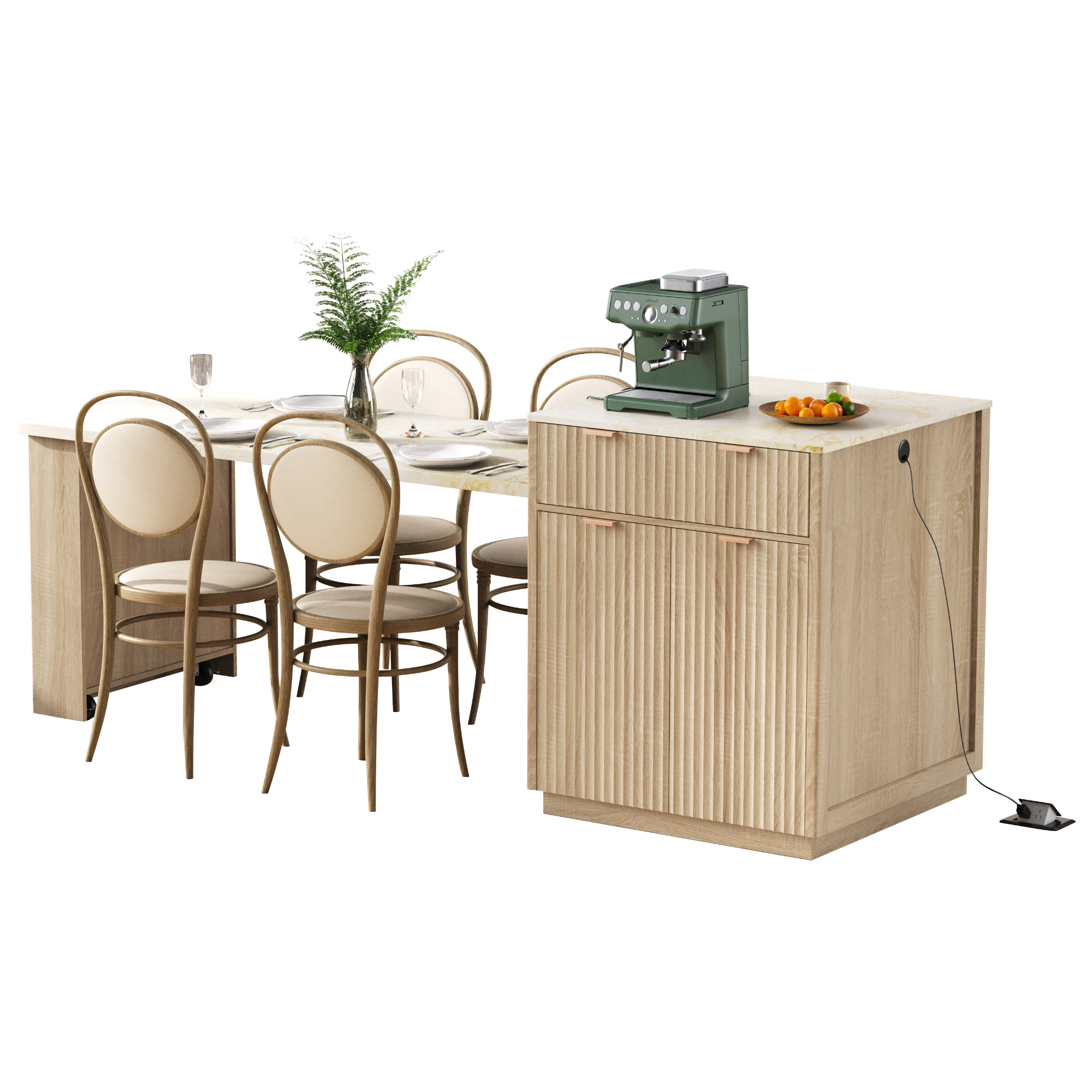 K&K 82.6" Fluted Kitchen Island with Extendable Dining Table for 4-6, Island Table for Kitchen with Power Outlet, Kitchen Table with Double-Side Storage, 2 Drawers 2 Side Open Shelves, Natural - Image 3