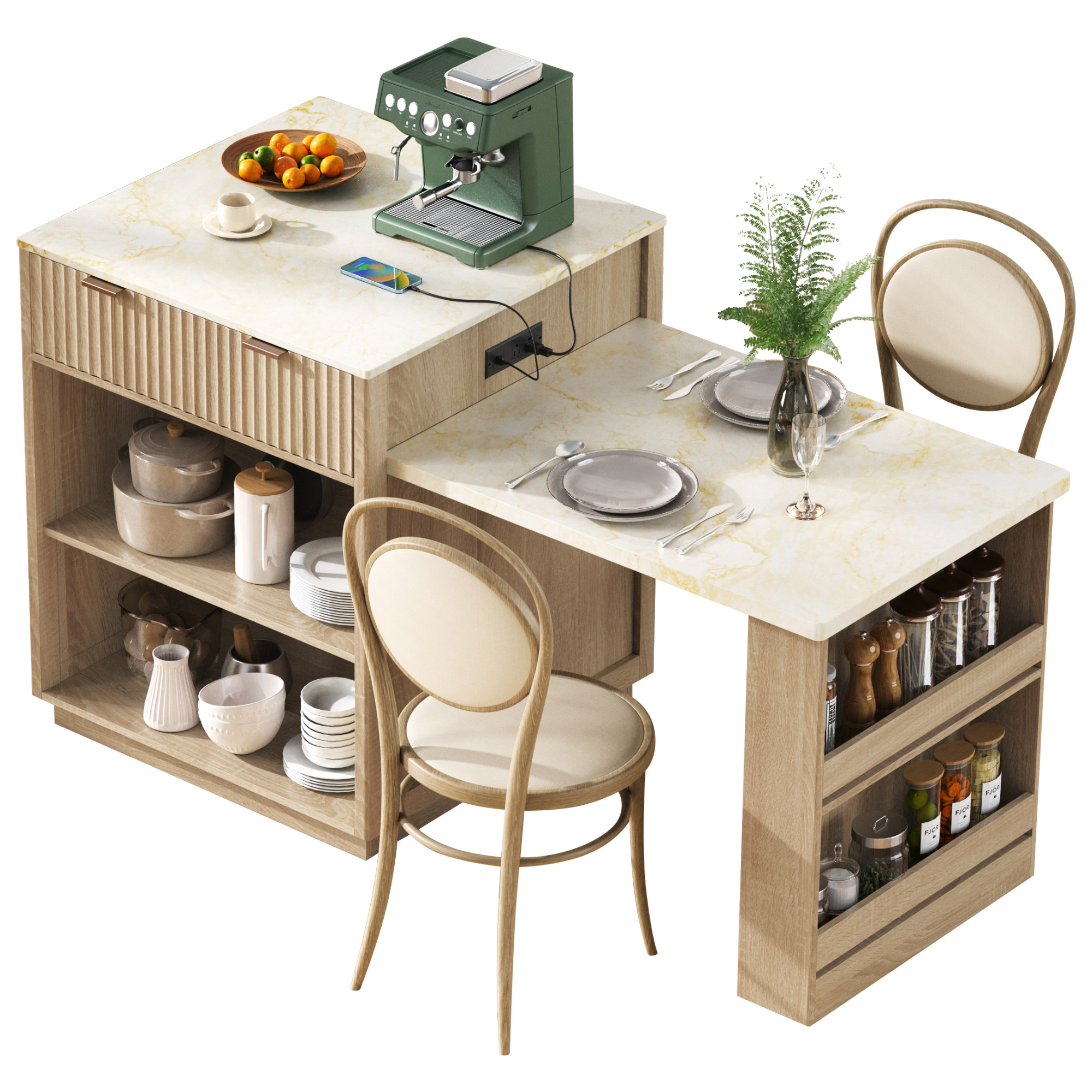 K&K 82.6" Fluted Kitchen Island with Extendable Dining Table for 4-6, Island Table for Kitchen with Power Outlet, Kitchen Table with Double-Side Storage, 2 Drawers 2 Side Open Shelves, Natural - Image 2