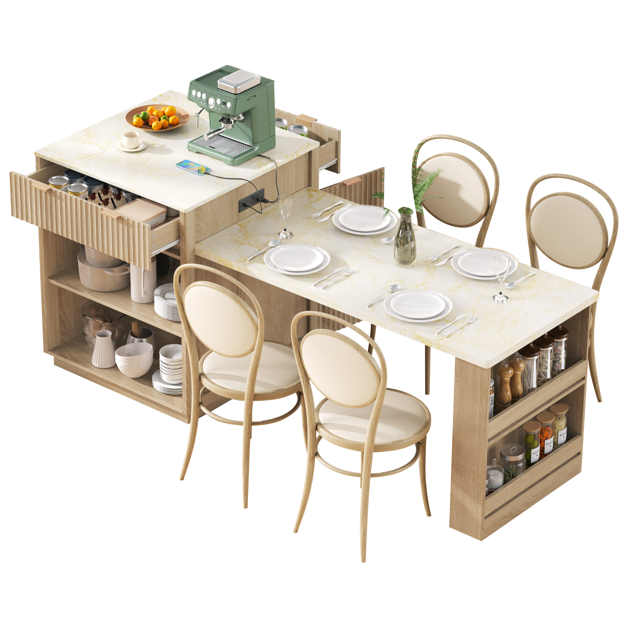 K&K 82.6" Fluted Kitchen Island with Extendable Dining Table for 4-6, Island Table for Kitchen with Power Outlet, Kitchen Table with Double-Side Storage, 2 Drawers 2 Side Open Shelves, Natural - Image 4