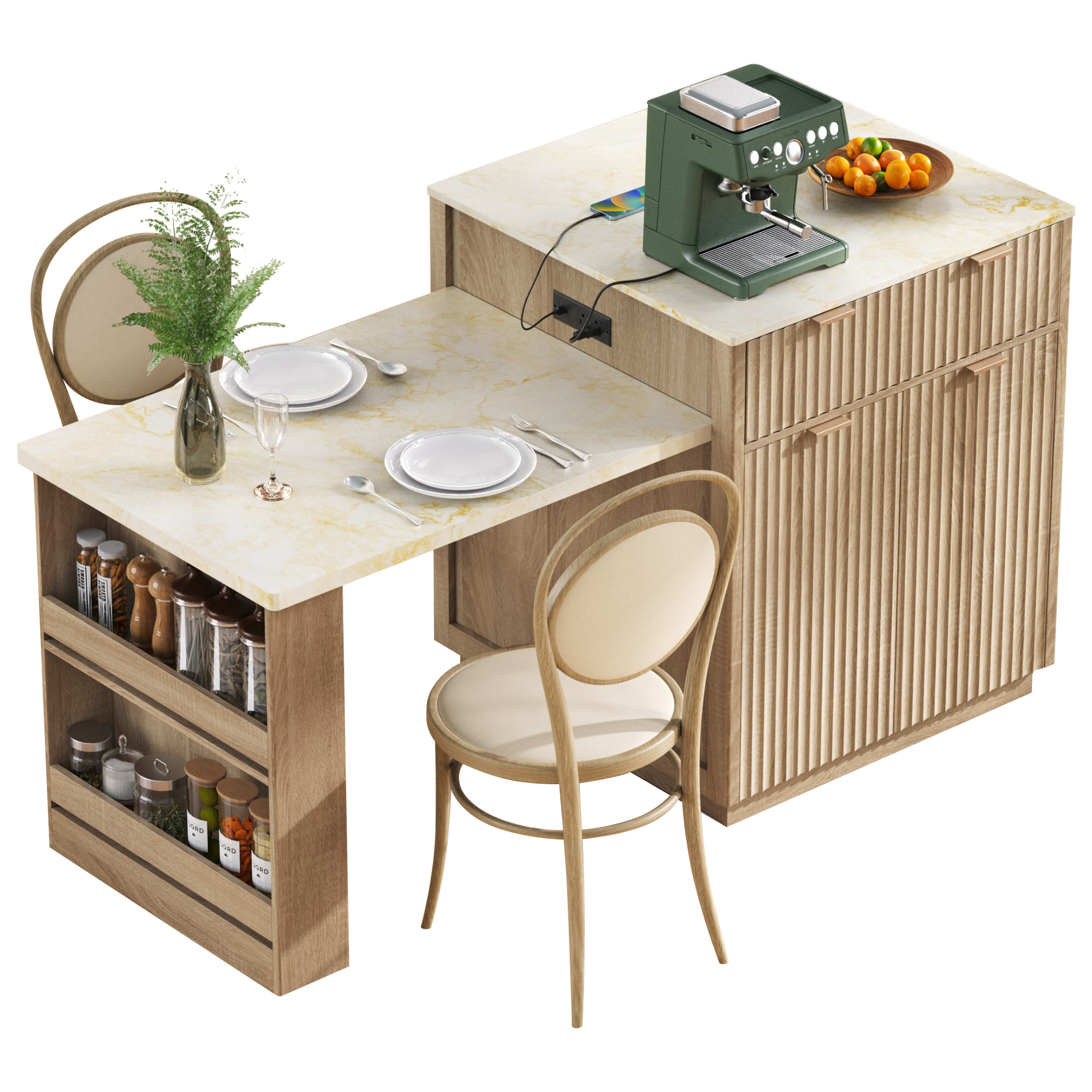 K&K 82.6" Fluted Kitchen Island with Extendable Dining Table for 4-6, Island Table for Kitchen with Power Outlet, Kitchen Table with Double-Side Storage, 2 Drawers 2 Side Open Shelves, Natural - Image 5