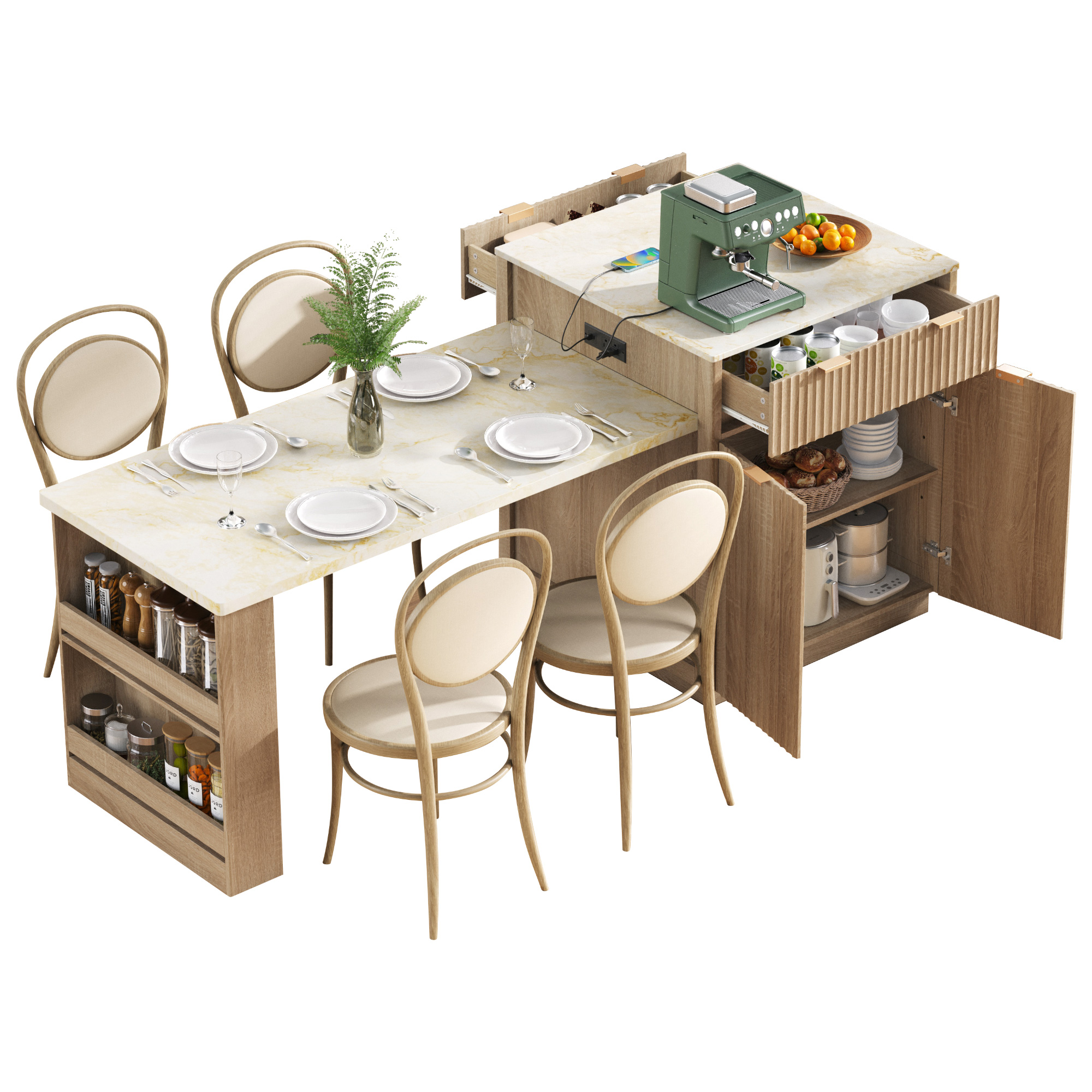 K&K 82.6" Fluted Kitchen Island with Extendable Dining Table for 4-6, Island Table for Kitchen with Power Outlet, Kitchen Table with Double-Side Storage, 2 Drawers 2 Side Open Shelves, Natural - Image 6