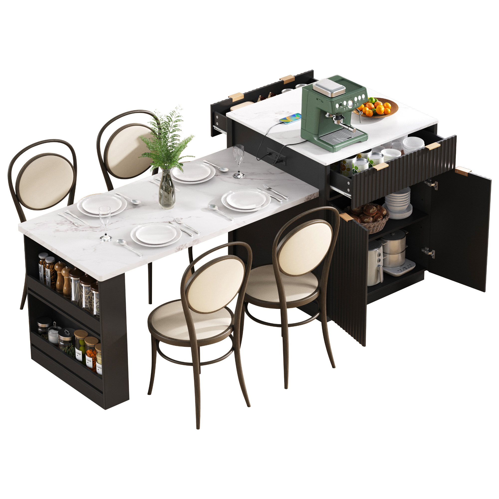 K&K 82.6" Fluted Kitchen Island with Extendable Dining Table for 4-6, Island Table for Kitchen with Power Outlet, Kitchen Table with Double-Side Storage, 2 Drawers 2 Side Open Shelves, Black - Image 2