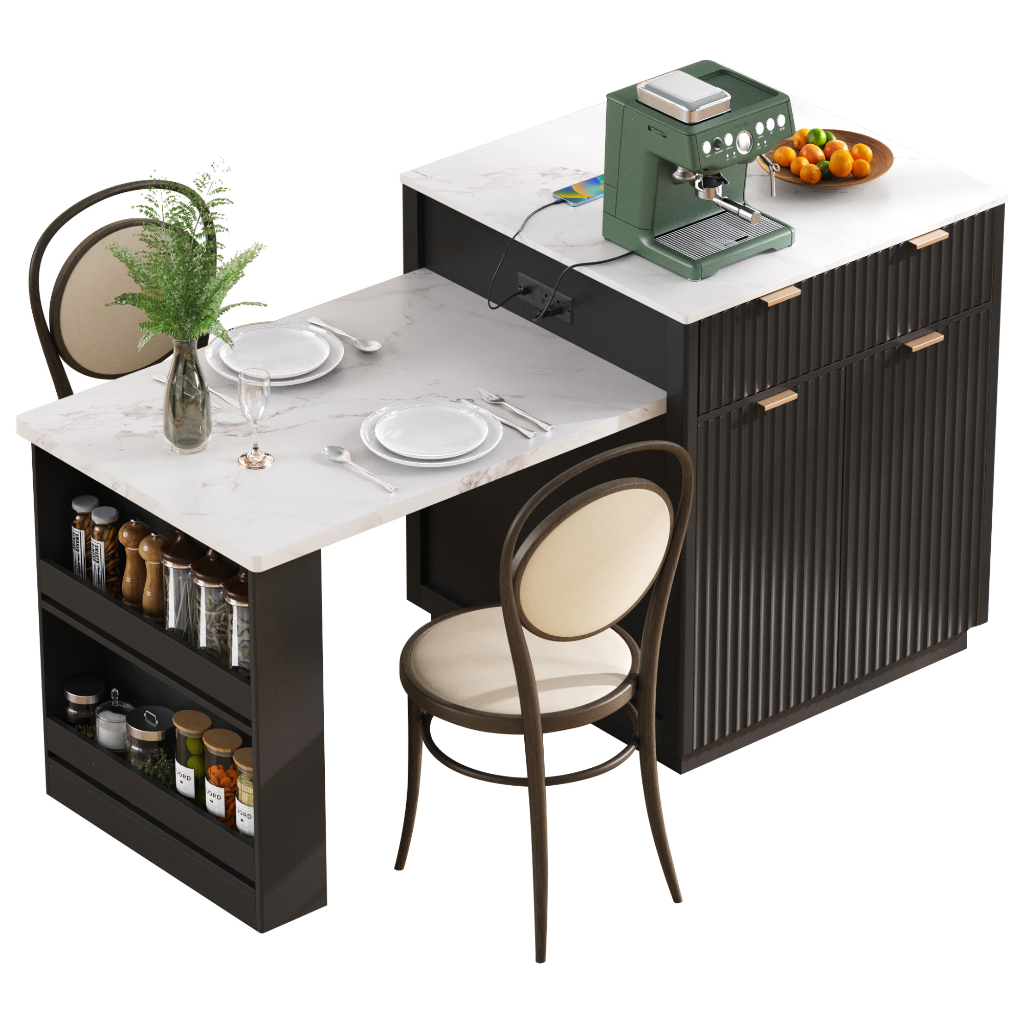 K&K 82.6" Fluted Kitchen Island with Extendable Dining Table for 4-6, Island Table for Kitchen with Power Outlet, Kitchen Table with Double-Side Storage, 2 Drawers 2 Side Open Shelves, Black - Image 3