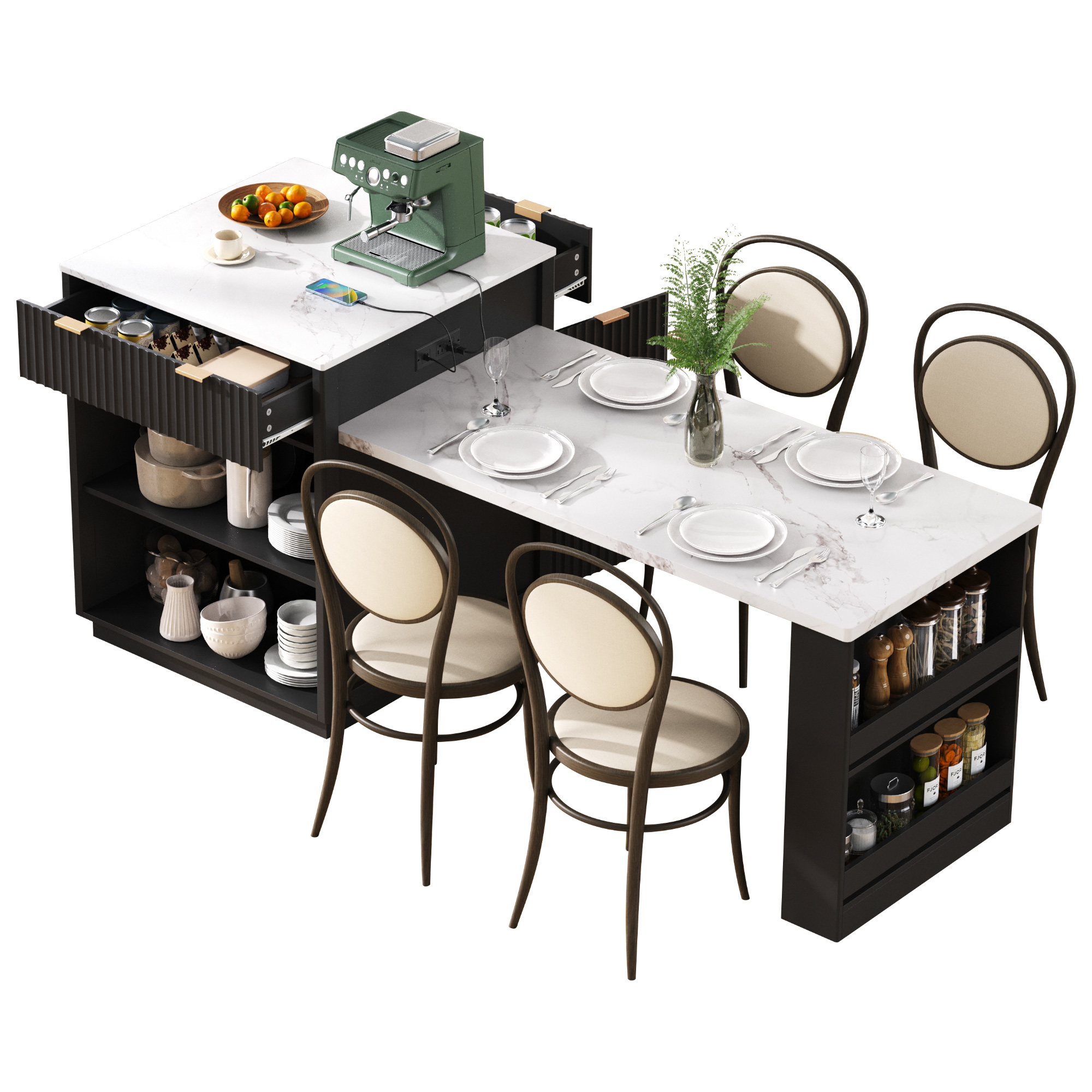 K&K 82.6" Fluted Kitchen Island with Extendable Dining Table for 4-6, Island Table for Kitchen with Power Outlet, Kitchen Table with Double-Side Storage, 2 Drawers 2 Side Open Shelves, Black - Image 4