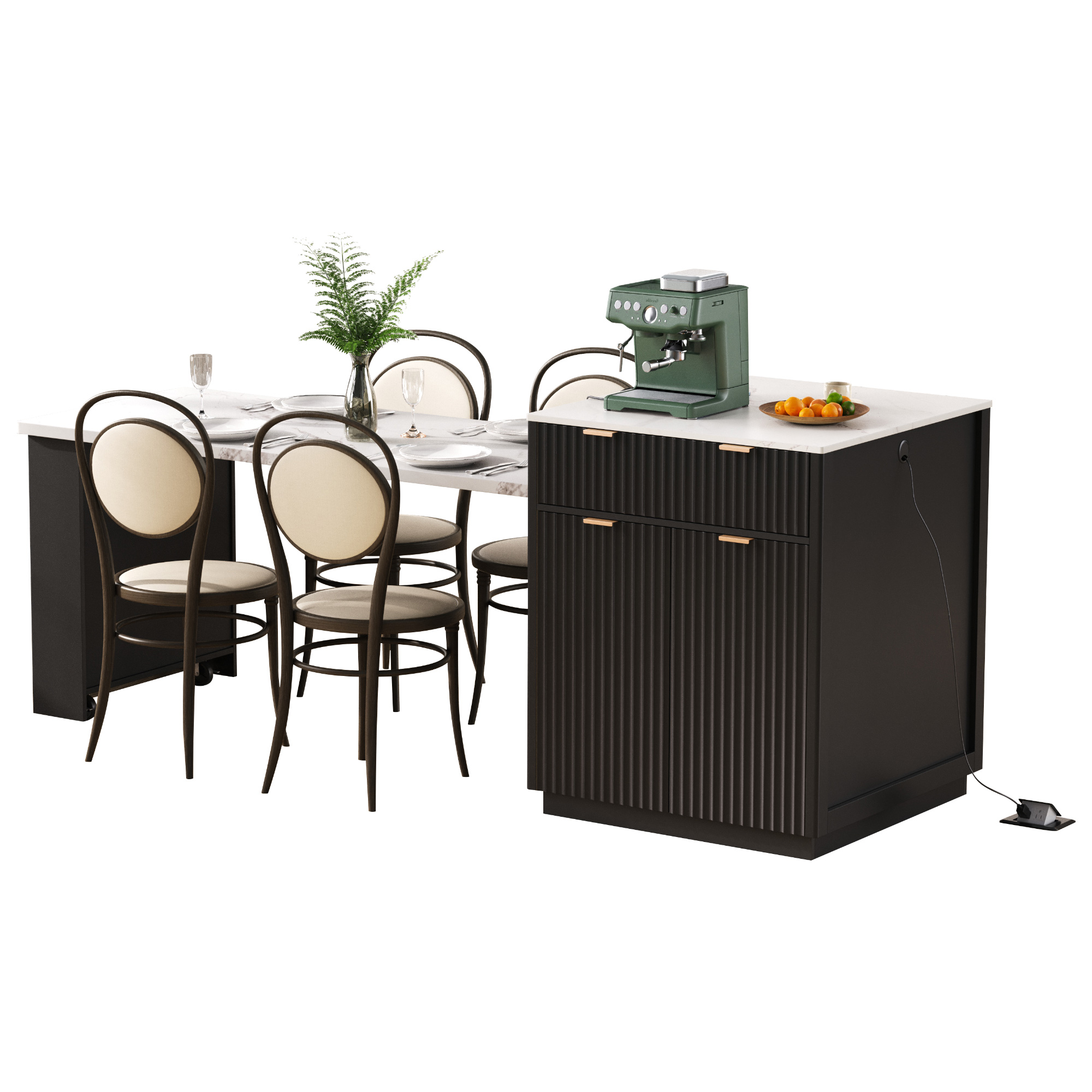 K&K 82.6" Fluted Kitchen Island with Extendable Dining Table for 4-6, Island Table for Kitchen with Power Outlet, Kitchen Table with Double-Side Storage, 2 Drawers 2 Side Open Shelves, Black - Image 5