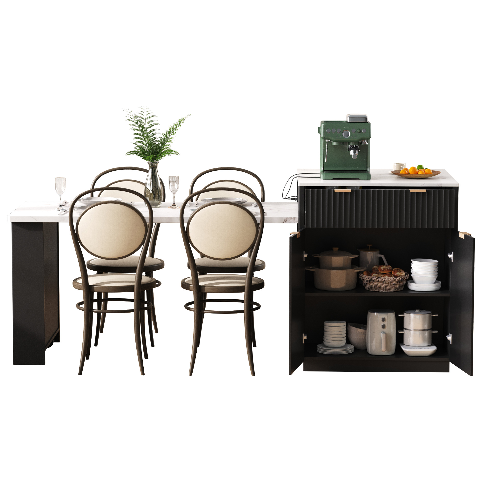 K&K 82.6" Fluted Kitchen Island with Extendable Dining Table for 4-6, Island Table for Kitchen with Power Outlet, Kitchen Table with Double-Side Storage, 2 Drawers 2 Side Open Shelves, Black - Image 6