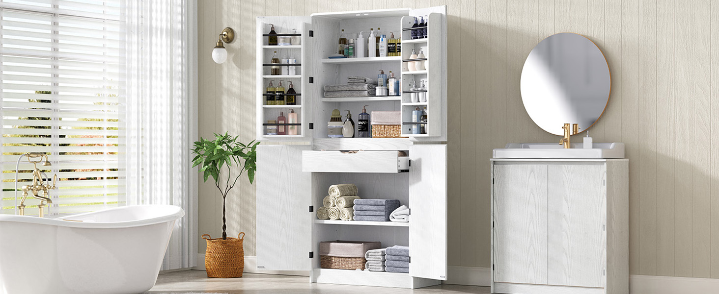 K&K 72" Tall Farmhouse Kitchen Pantry Cabinet with 8 Door Shelves, Curved Design Storage Cabinet with 3 Adjustable Shelves, Hidden Drawer, Versatile Cupboard for Kitchen, Dining & Bathroom, White - Image 3