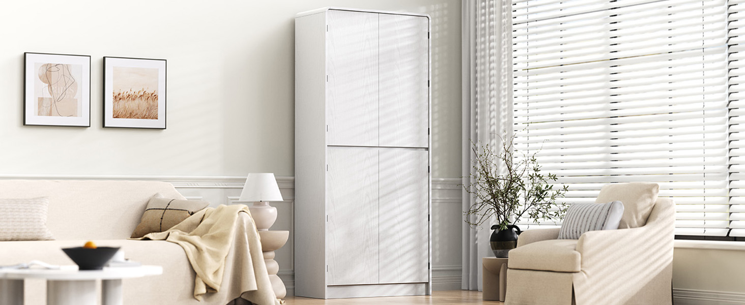 K&K 72" Tall Farmhouse Kitchen Pantry Cabinet with 8 Door Shelves, Curved Design Storage Cabinet with 3 Adjustable Shelves, Hidden Drawer, Versatile Cupboard for Kitchen, Dining & Bathroom, White - Image 2