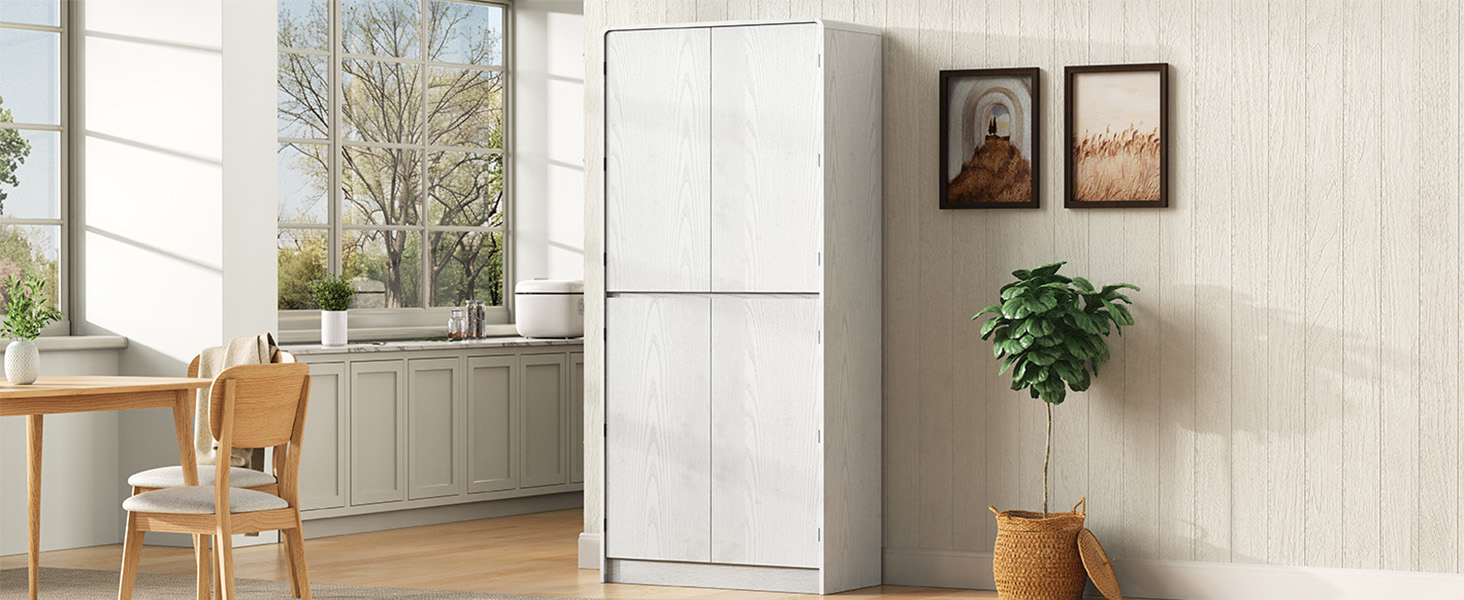 K&K 72" Tall Farmhouse Kitchen Pantry Cabinet with 8 Door Shelves, Curved Design Storage Cabinet with 3 Adjustable Shelves, Hidden Drawer, Versatile Cupboard for Kitchen, Dining & Bathroom, White - Image 5