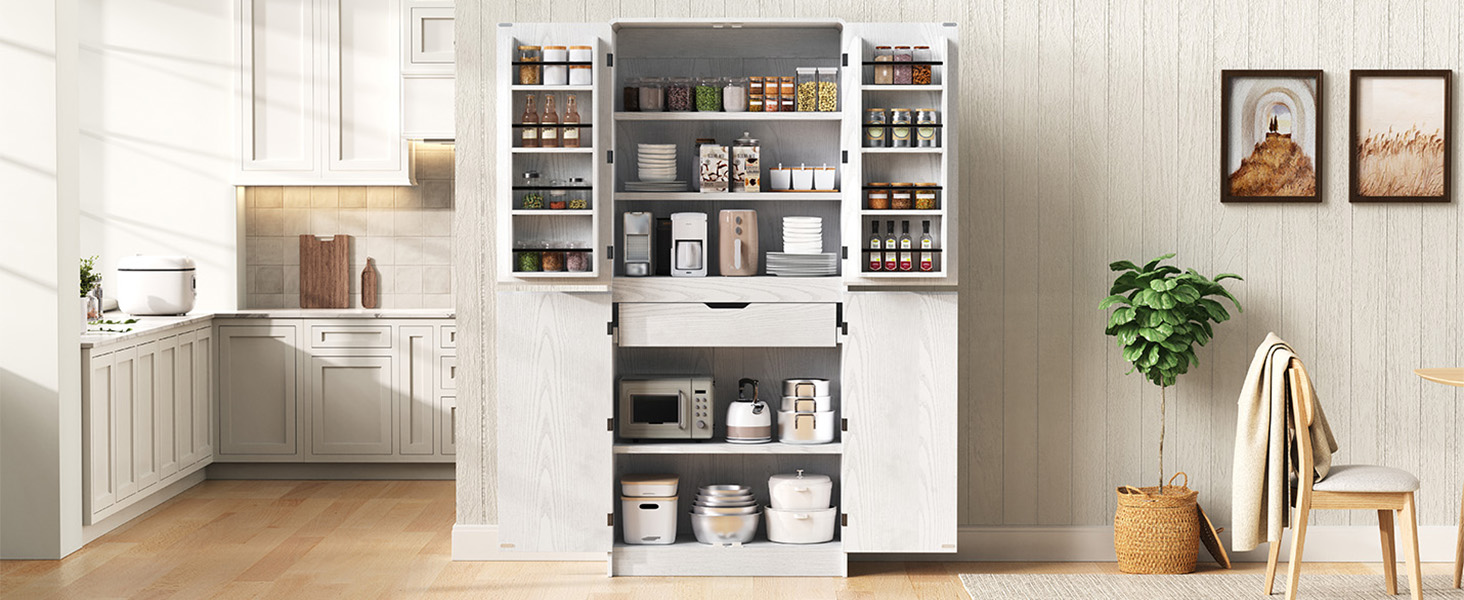 K&K 72" Tall Farmhouse Kitchen Pantry Cabinet with 8 Door Shelves, Curved Design Storage Cabinet with 3 Adjustable Shelves, Hidden Drawer, Versatile Cupboard for Kitchen, Dining & Bathroom, White - Image 4
