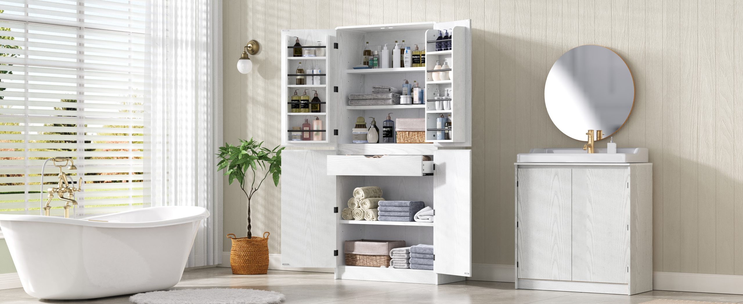 K&K 72" Tall Farmhouse Kitchen Pantry Cabinet with 8 Door Shelves, Curved Design Storage Cabinet with 3 Adjustable Shelves, Hidden Drawer, Versatile Cupboard for Kitchen, Dining & Bathroom, White - Image 6