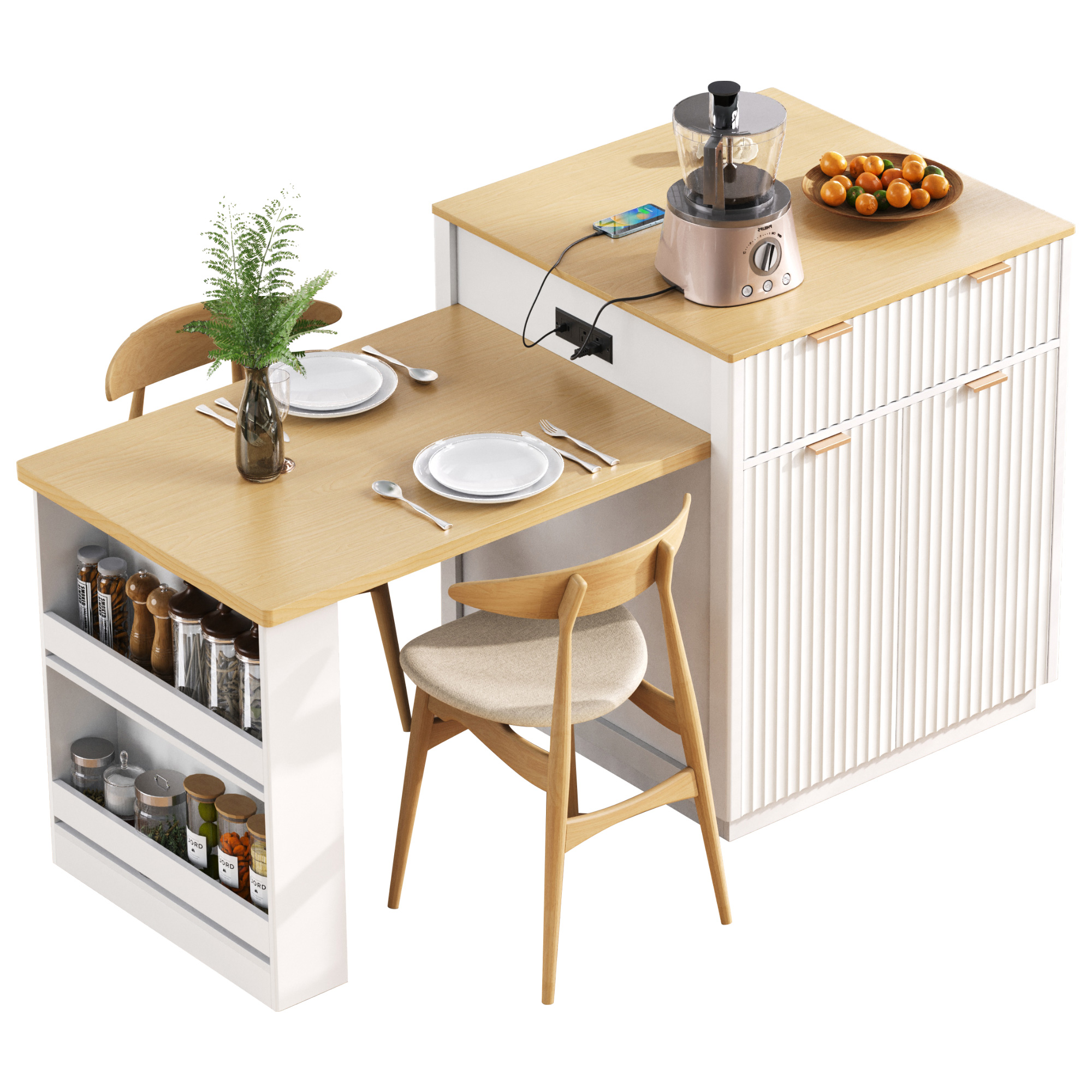 K&K 82.6" Fluted Kitchen Island with Extendable Dining Table for 4-6, Island Table for Kitchen with Power Outlet, Kitchen Table with Double-Side Storage, 2 Drawers 2 Side Open Shelves, White - Image 2