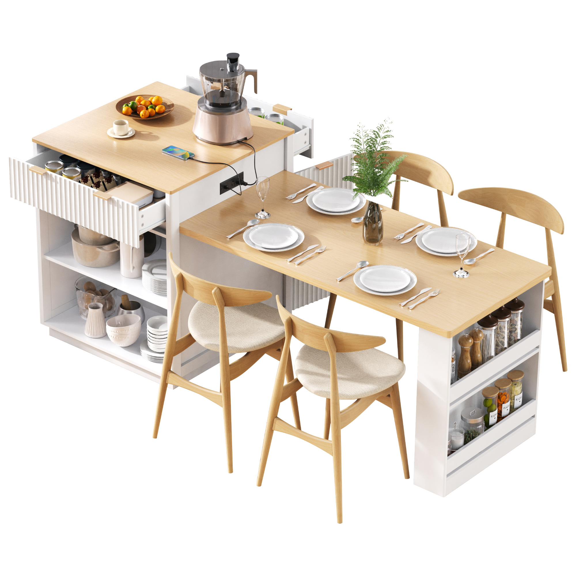K&K 82.6" Fluted Kitchen Island with Extendable Dining Table for 4-6, Island Table for Kitchen with Power Outlet, Kitchen Table with Double-Side Storage, 2 Drawers 2 Side Open Shelves, White - Image 3