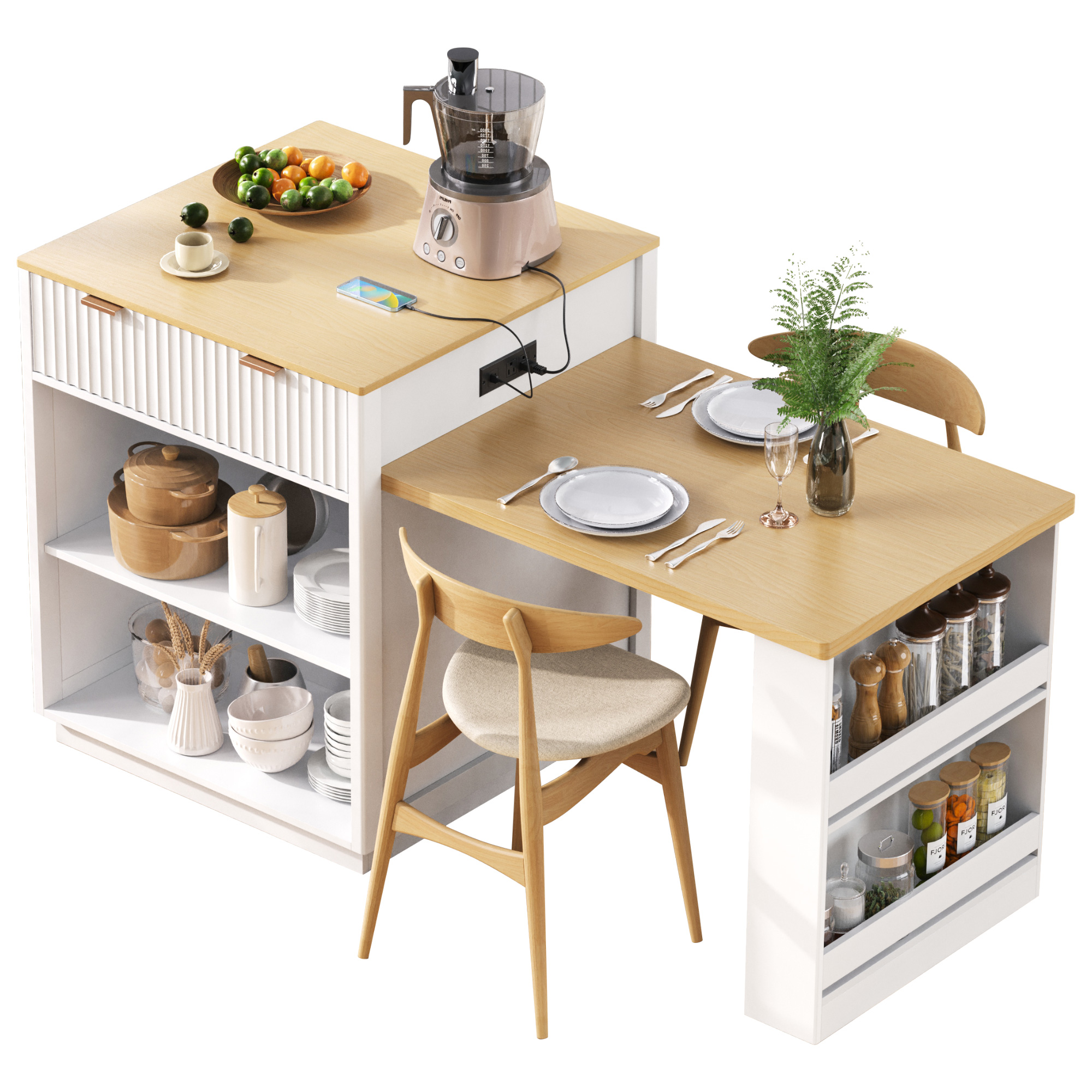 K&K 82.6" Fluted Kitchen Island with Extendable Dining Table for 4-6, Island Table for Kitchen with Power Outlet, Kitchen Table with Double-Side Storage, 2 Drawers 2 Side Open Shelves, White - Image 4