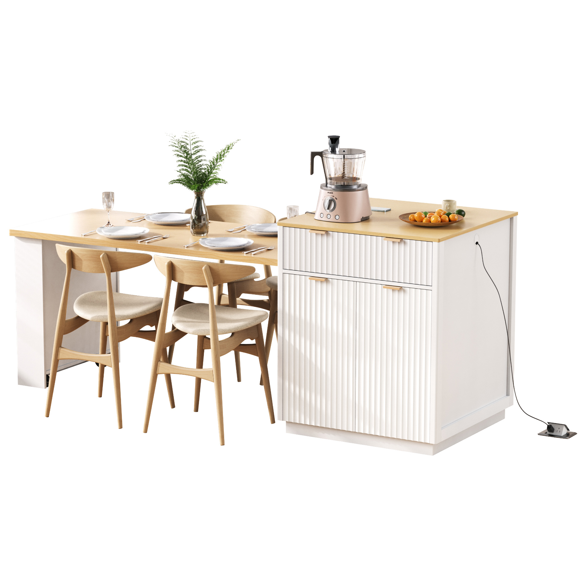 K&K 82.6" Fluted Kitchen Island with Extendable Dining Table for 4-6, Island Table for Kitchen with Power Outlet, Kitchen Table with Double-Side Storage, 2 Drawers 2 Side Open Shelves, White - Image 5