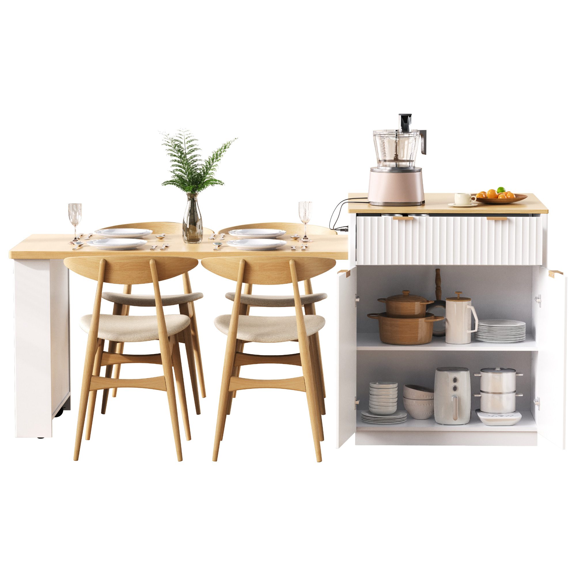 K&K 82.6" Fluted Kitchen Island with Extendable Dining Table for 4-6, Island Table for Kitchen with Power Outlet, Kitchen Table with Double-Side Storage, 2 Drawers 2 Side Open Shelves, White - Image 6