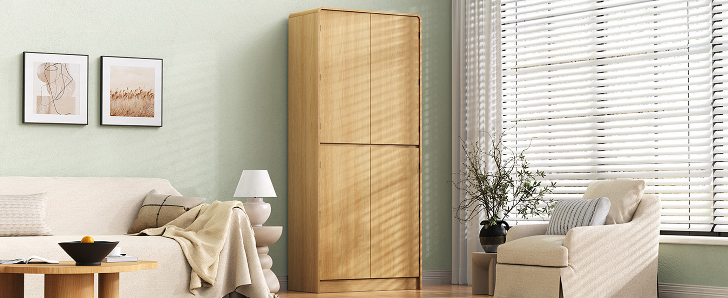 K&K 72" Tall Farmhouse Kitchen Pantry Cabinet with 8 Door Shelves, Curved Design Storage Cabinet with 3 Adjustable Shelves, Hidden Drawer, Versatile Cupboard for Kitchen, Dining & Bathroom, Natural - Image 2