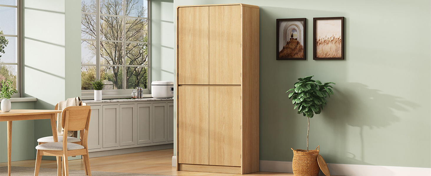 K&K 72" Tall Farmhouse Kitchen Pantry Cabinet with 8 Door Shelves, Curved Design Storage Cabinet with 3 Adjustable Shelves, Hidden Drawer, Versatile Cupboard for Kitchen, Dining & Bathroom, Natural - Image 3