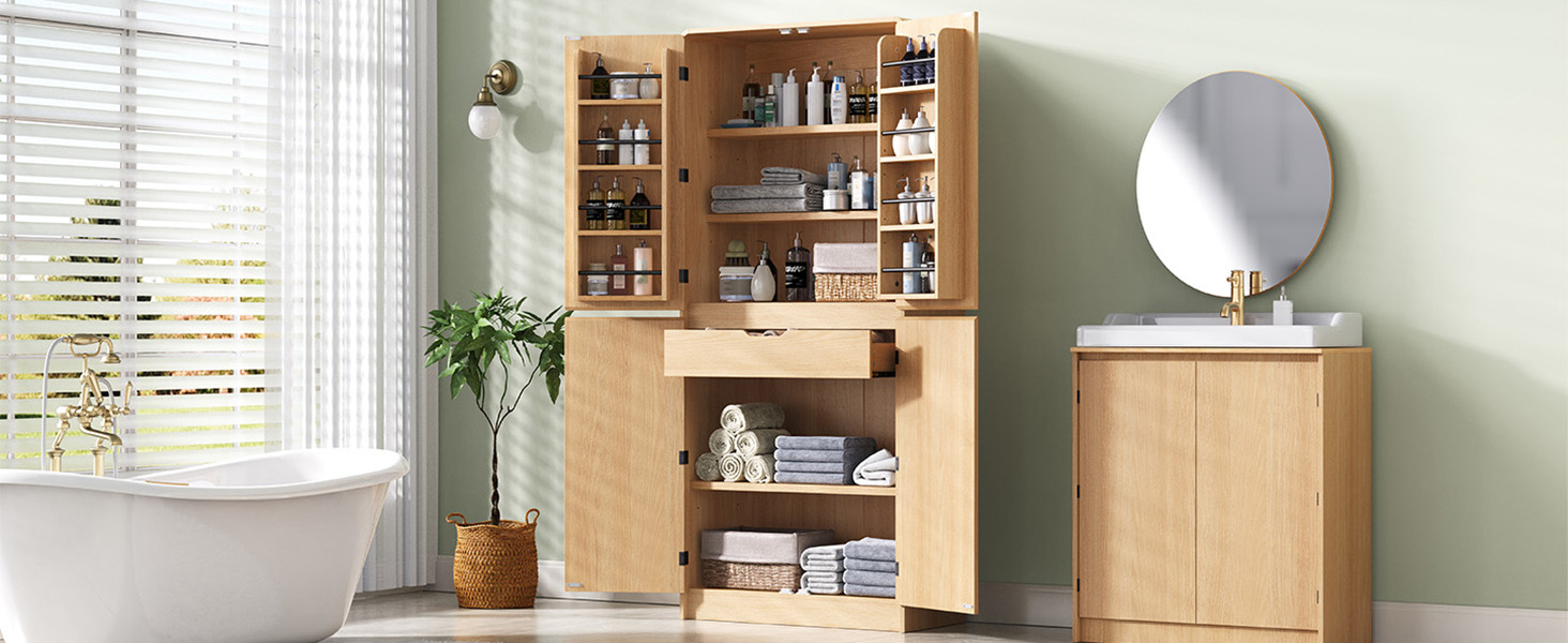 K&K 72" Tall Farmhouse Kitchen Pantry Cabinet with 8 Door Shelves, Curved Design Storage Cabinet with 3 Adjustable Shelves, Hidden Drawer, Versatile Cupboard for Kitchen, Dining & Bathroom, Natural - Image 4