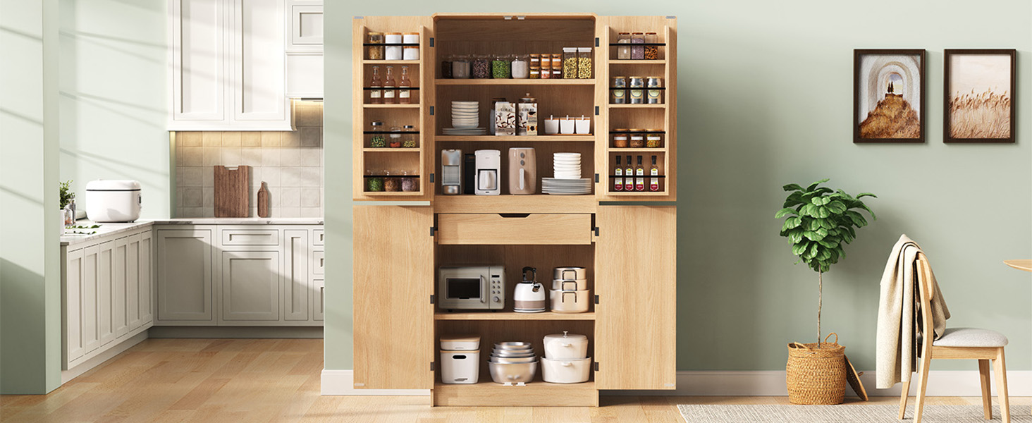 K&K 72" Tall Farmhouse Kitchen Pantry Cabinet with 8 Door Shelves, Curved Design Storage Cabinet with 3 Adjustable Shelves, Hidden Drawer, Versatile Cupboard for Kitchen, Dining & Bathroom, Natural - Image 5