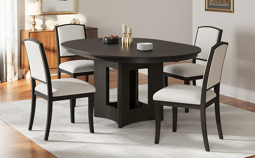 TOPMAX Farmhouse Extendable Round Dining Table Set for 4, 5-Piece Kitchen Table Set with 4 Upholstered Chairs and 16inch Removable Leaf for Small Places, Espresso+Beige - Image 3
