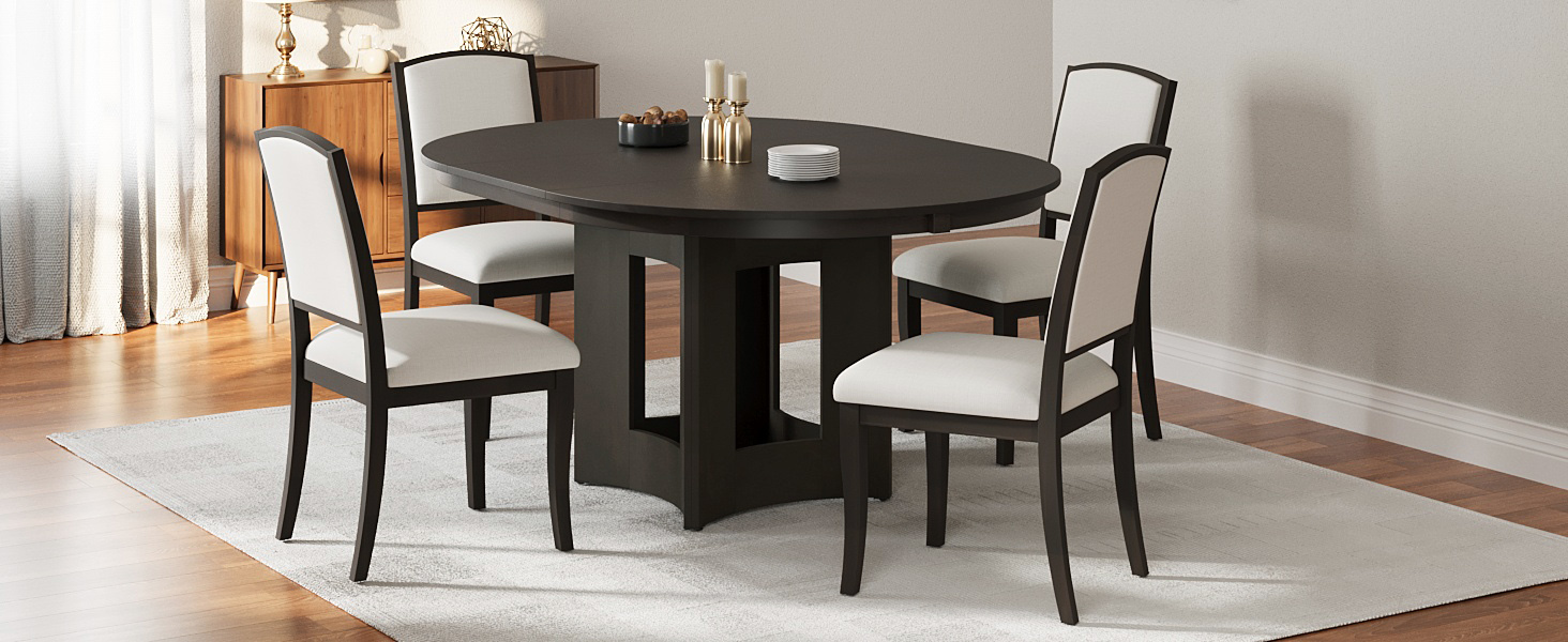TOPMAX Farmhouse Extendable Round Dining Table Set for 4, 5-Piece Kitchen Table Set with 4 Upholstered Chairs and 16inch Removable Leaf for Small Places, Espresso+Beige - Image 2