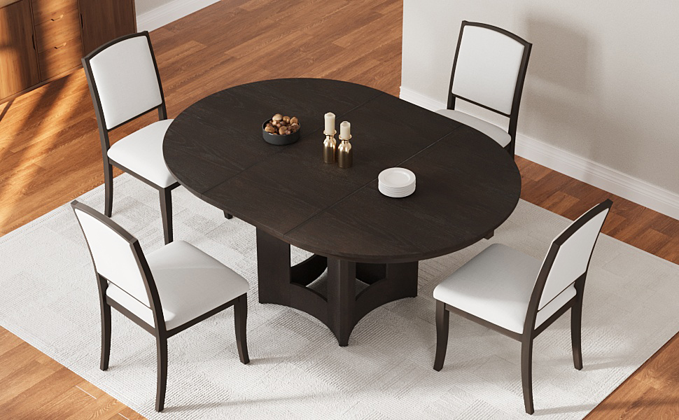 TOPMAX Farmhouse Extendable Round Dining Table Set for 4, 5-Piece Kitchen Table Set with 4 Upholstered Chairs and 16inch Removable Leaf for Small Places, Espresso+Beige - Image 4