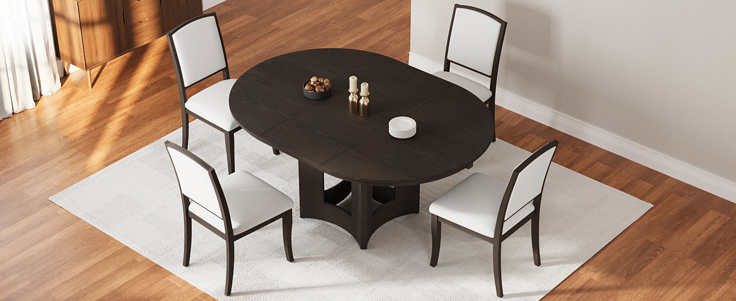 TOPMAX Farmhouse Extendable Round Dining Table Set for 4, 5-Piece Kitchen Table Set with 4 Upholstered Chairs and 16inch Removable Leaf for Small Places, Espresso+Beige - Image 5