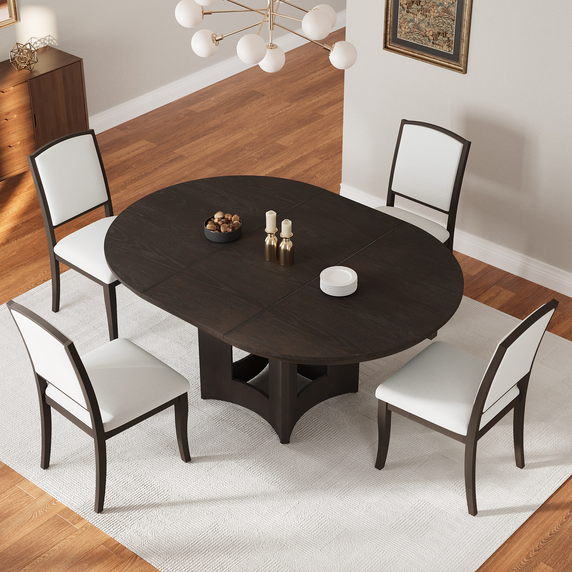 TOPMAX Farmhouse Extendable Round Dining Table Set for 4, 5-Piece Kitchen Table Set with 4 Upholstered Chairs and 16inch Removable Leaf for Small Places, Espresso+Beige - Image 6