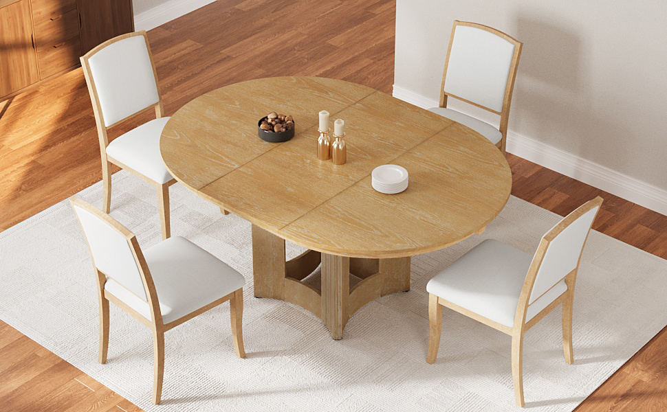 TOPMAX Farmhouse Extendable Round Dining Table Set for 4, 5-Piece Kitchen Table Set with 4 Upholstered Chairs and 16inch Removable Leaf for Small Places, Natural+Beige - Image 2