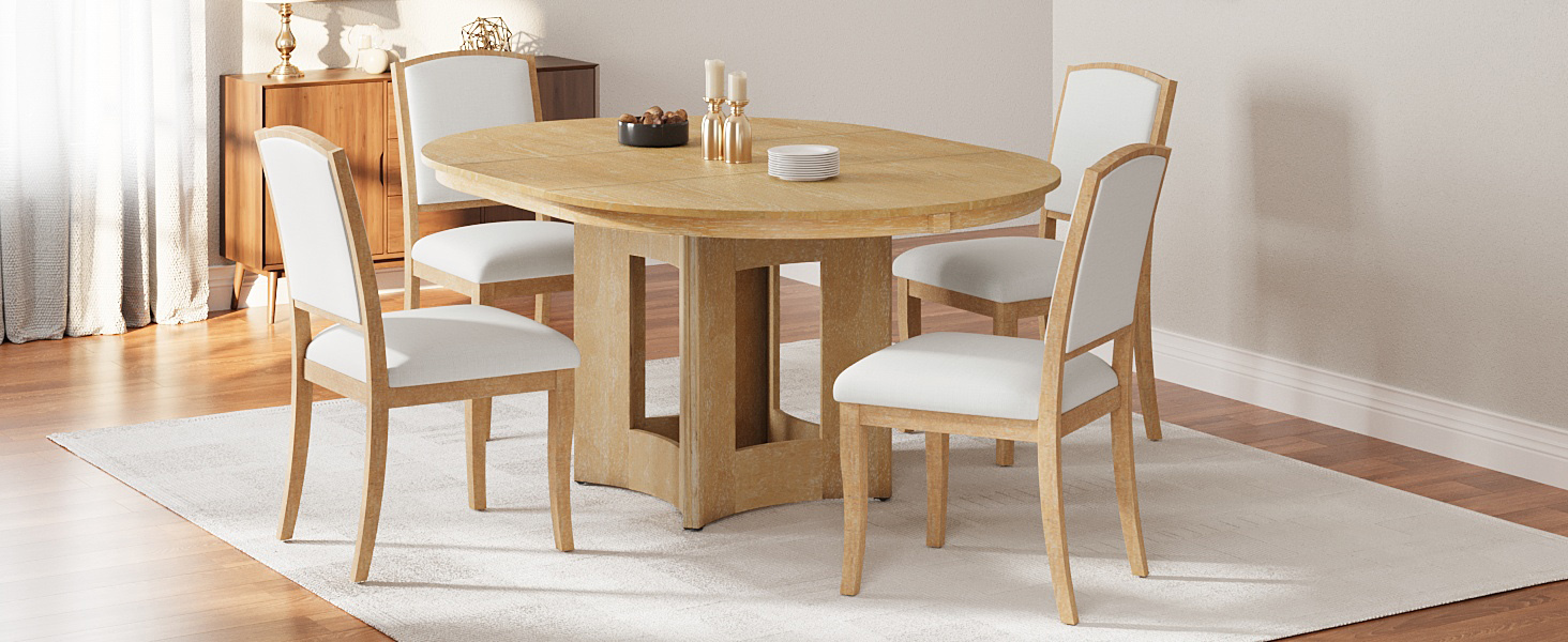 TOPMAX Farmhouse Extendable Round Dining Table Set for 4, 5-Piece Kitchen Table Set with 4 Upholstered Chairs and 16inch Removable Leaf for Small Places, Natural+Beige - Image 4
