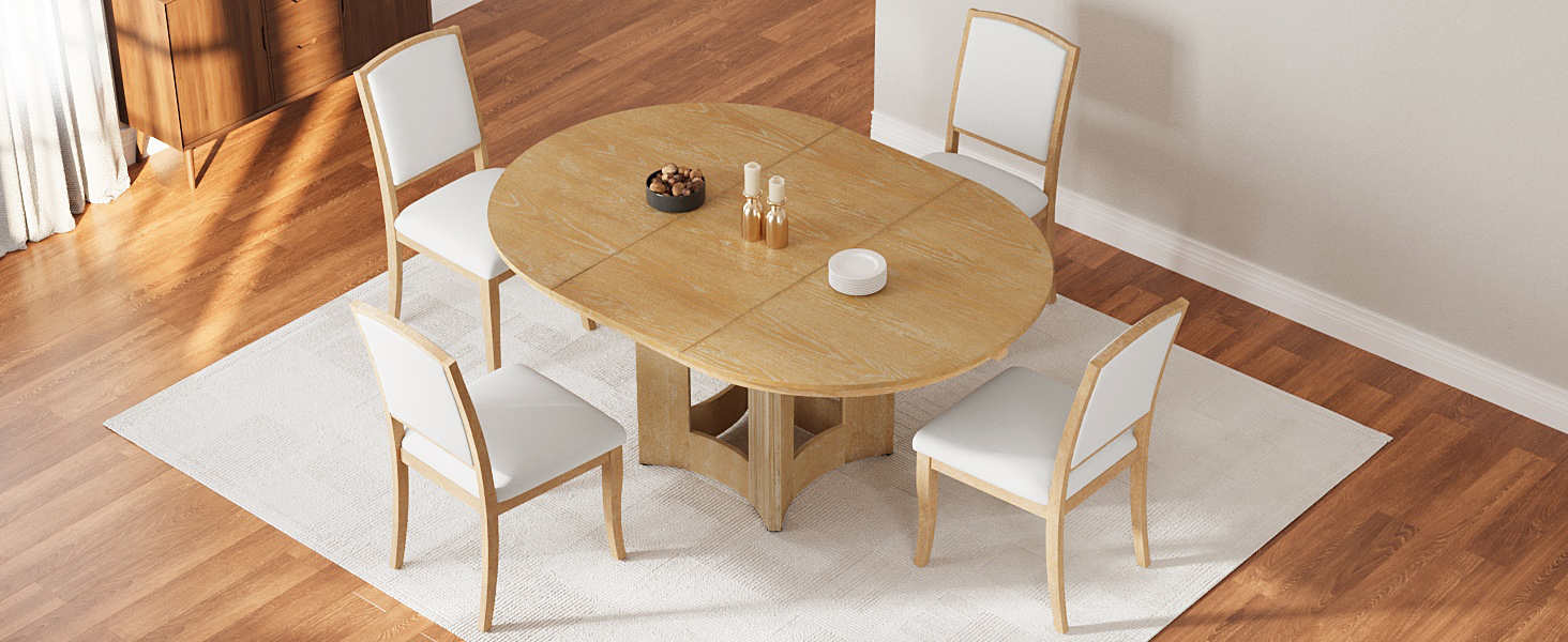 TOPMAX Farmhouse Extendable Round Dining Table Set for 4, 5-Piece Kitchen Table Set with 4 Upholstered Chairs and 16inch Removable Leaf for Small Places, Natural+Beige - Image 3