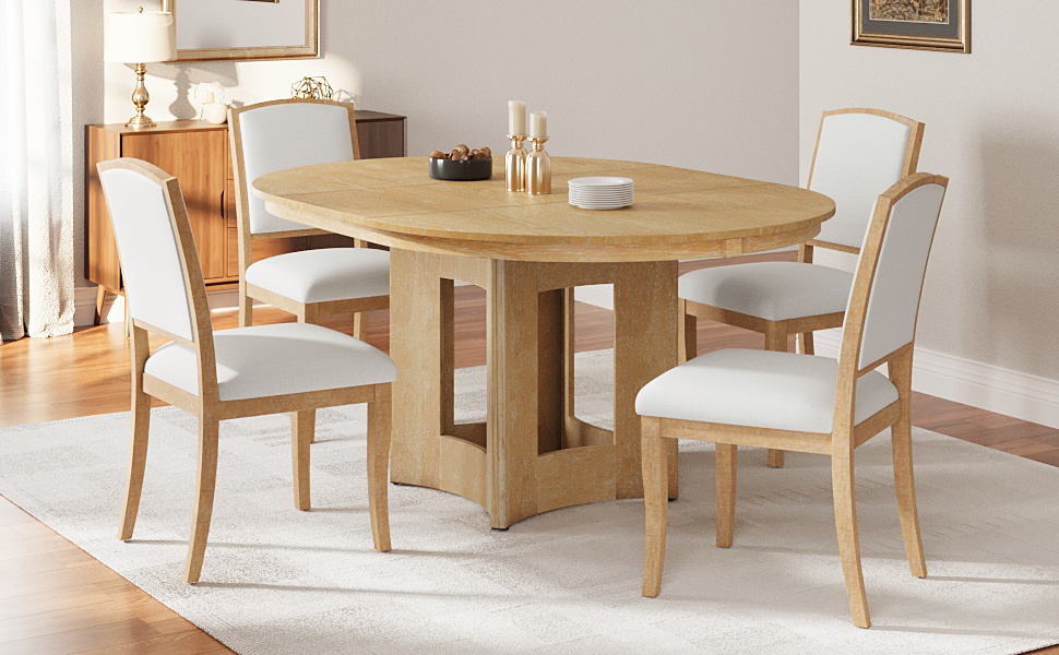 TOPMAX Farmhouse Extendable Round Dining Table Set for 4, 5-Piece Kitchen Table Set with 4 Upholstered Chairs and 16inch Removable Leaf for Small Places, Natural+Beige - Image 5