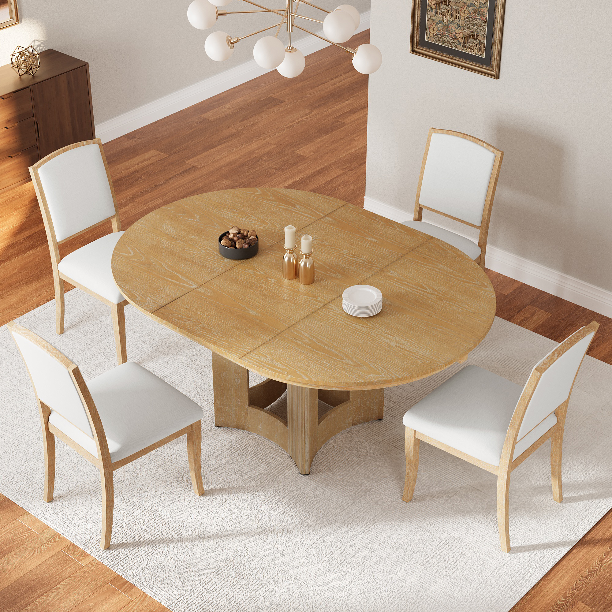 TOPMAX Farmhouse Extendable Round Dining Table Set for 4, 5-Piece Kitchen Table Set with 4 Upholstered Chairs and 16inch Removable Leaf for Small Places, Natural+Beige - Image 6