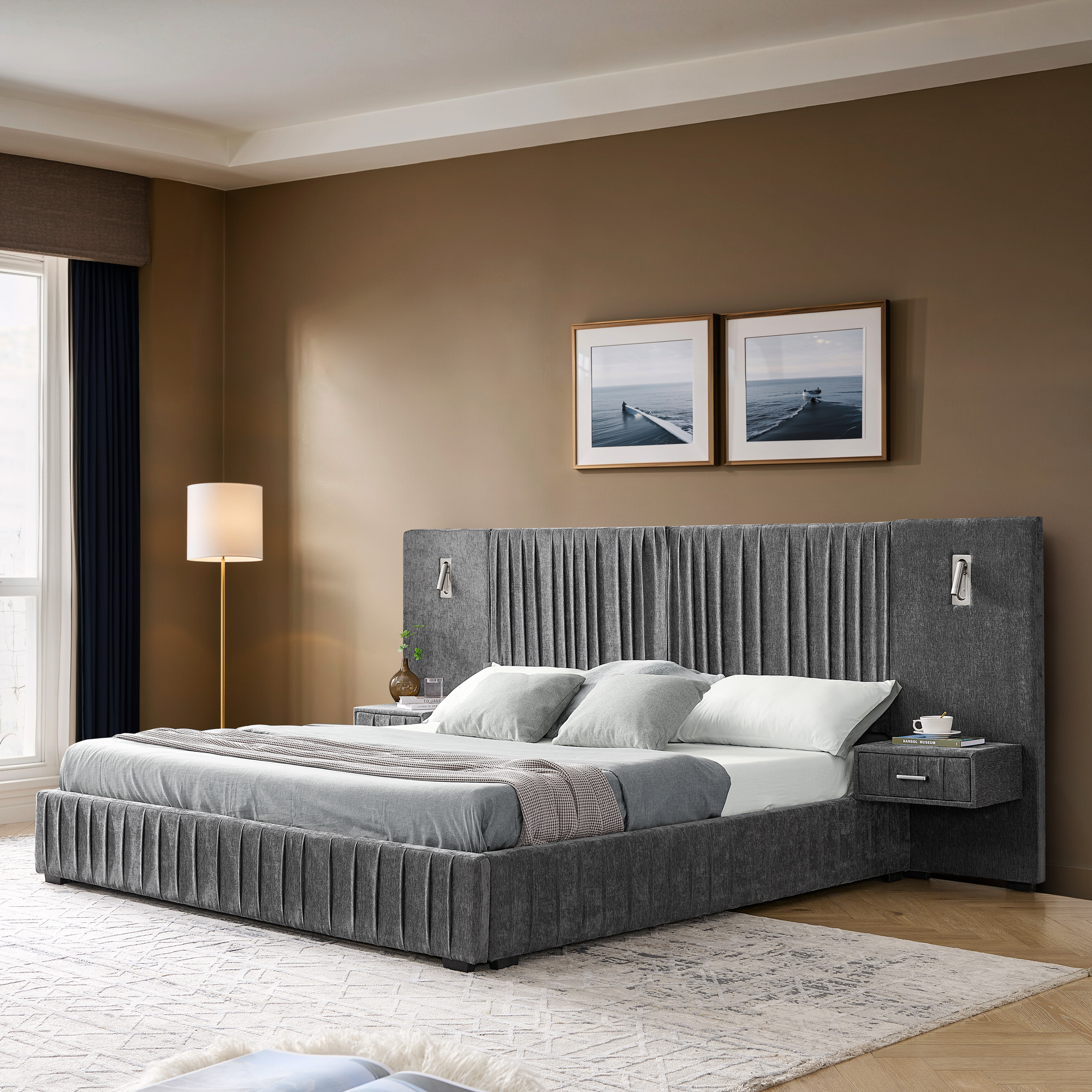 Queen Size Upholstered Bed Frame with Chenille fabric with pleated design,Grounded Queen Size Platform Bed with Headboard and Solid Frame and the bedside table.No Box Spring Needed-DARK GREY - Image 2