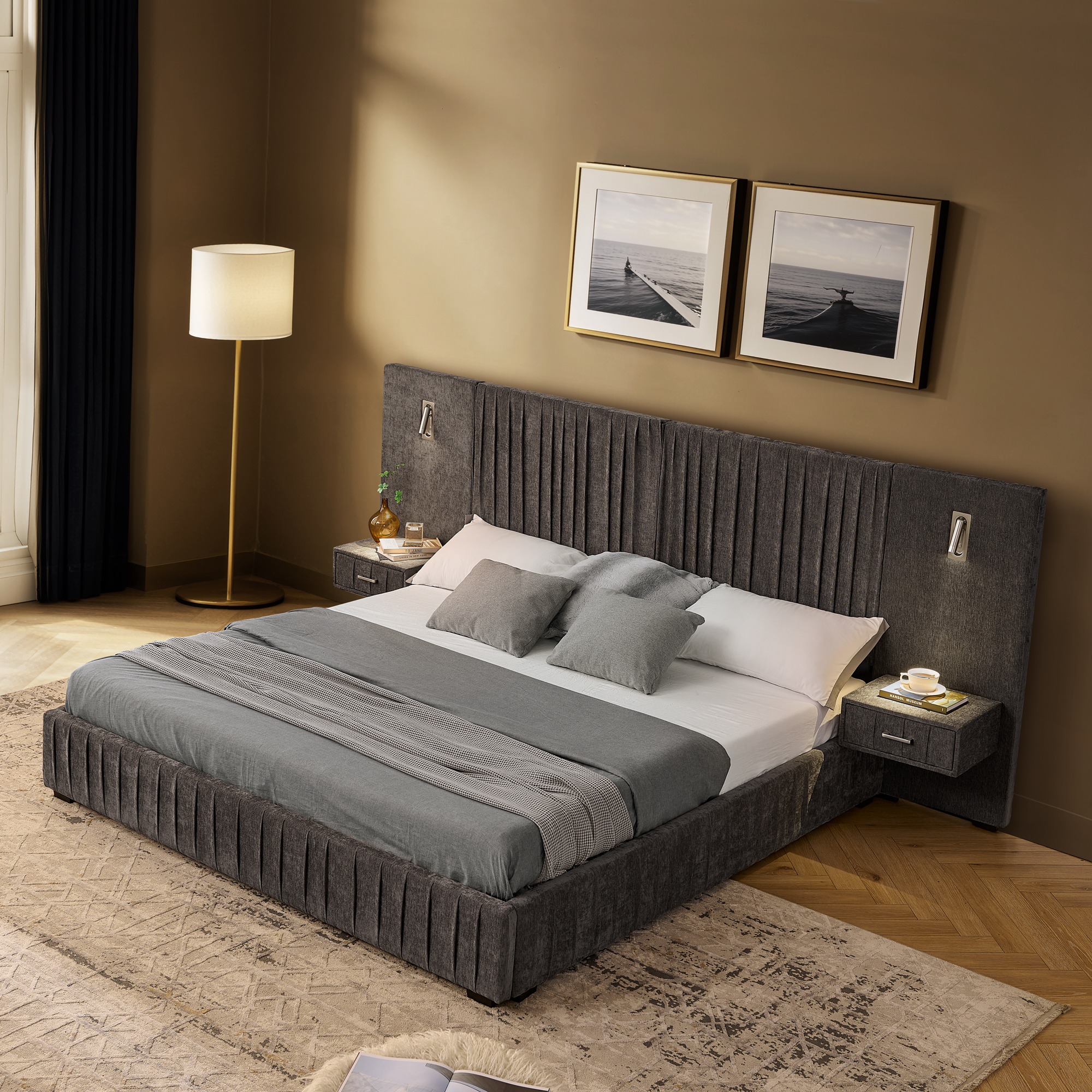 Queen Size Upholstered Bed Frame with Chenille fabric with pleated design,Grounded Queen Size Platform Bed with Headboard and Solid Frame and the bedside table.No Box Spring Needed-DARK GREY - Image 3