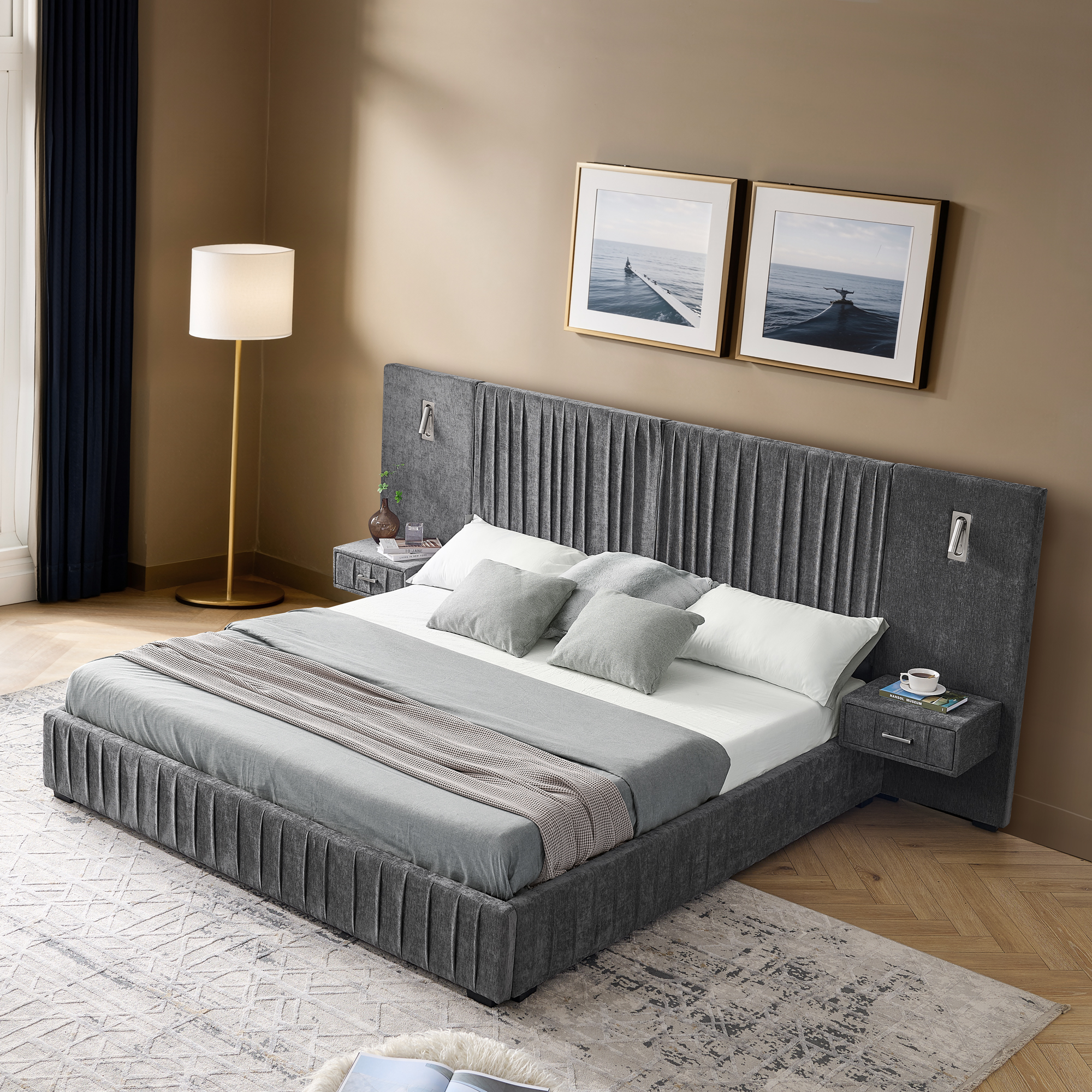 Queen Size Upholstered Bed Frame with Chenille fabric with pleated design,Grounded Queen Size Platform Bed with Headboard and Solid Frame and the bedside table.No Box Spring Needed-DARK GREY - Image 4