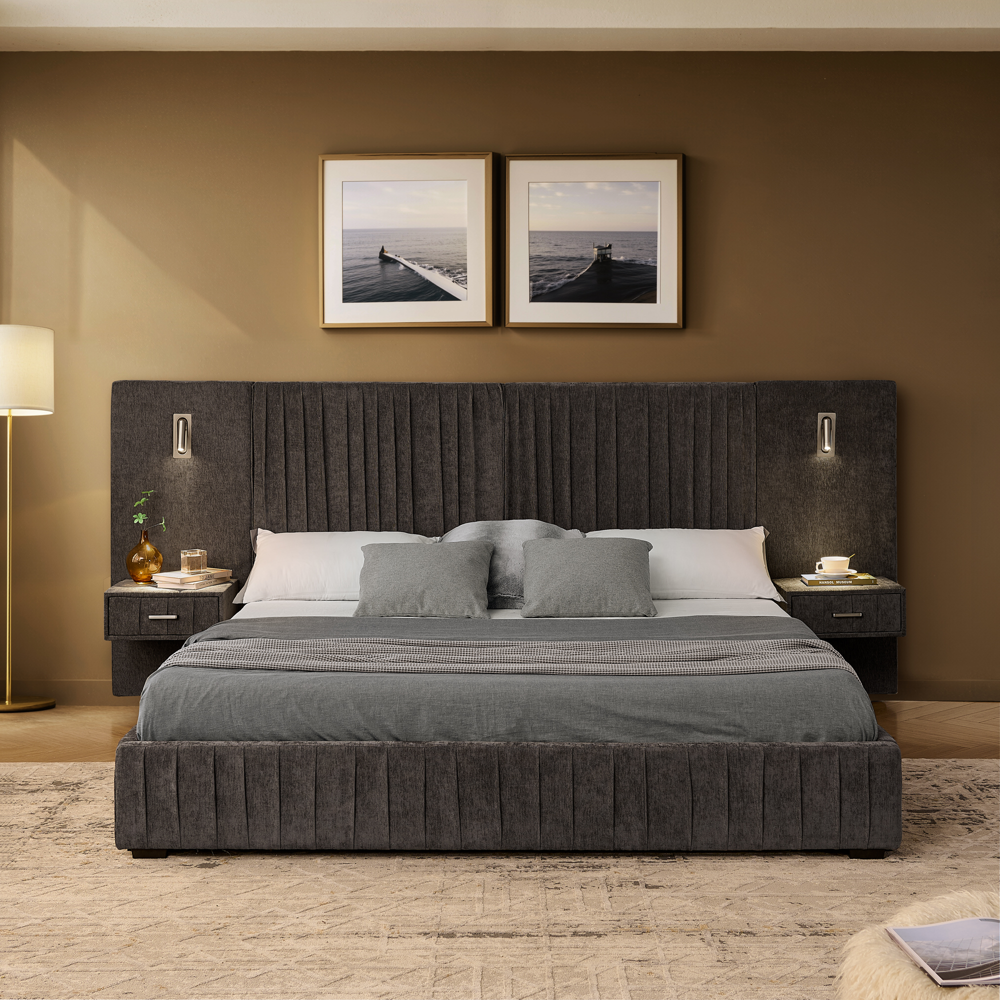 Queen Size Upholstered Bed Frame with Chenille fabric with pleated design,Grounded Queen Size Platform Bed with Headboard and Solid Frame and the bedside table.No Box Spring Needed-DARK GREY - Image 5