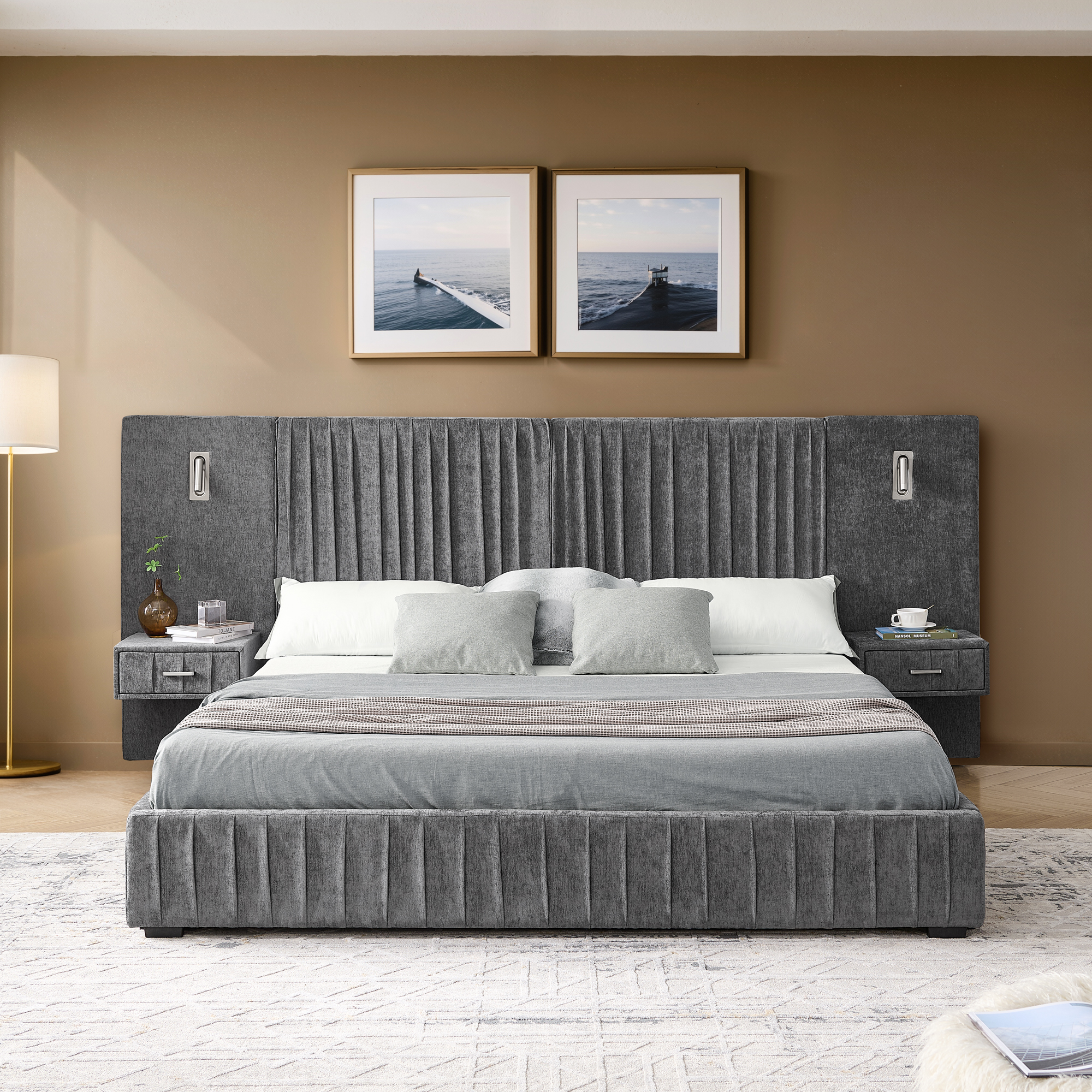 Queen Size Upholstered Bed Frame with Chenille fabric with pleated design,Grounded Queen Size Platform Bed with Headboard and Solid Frame and the bedside table.No Box Spring Needed-DARK GREY - Image 6