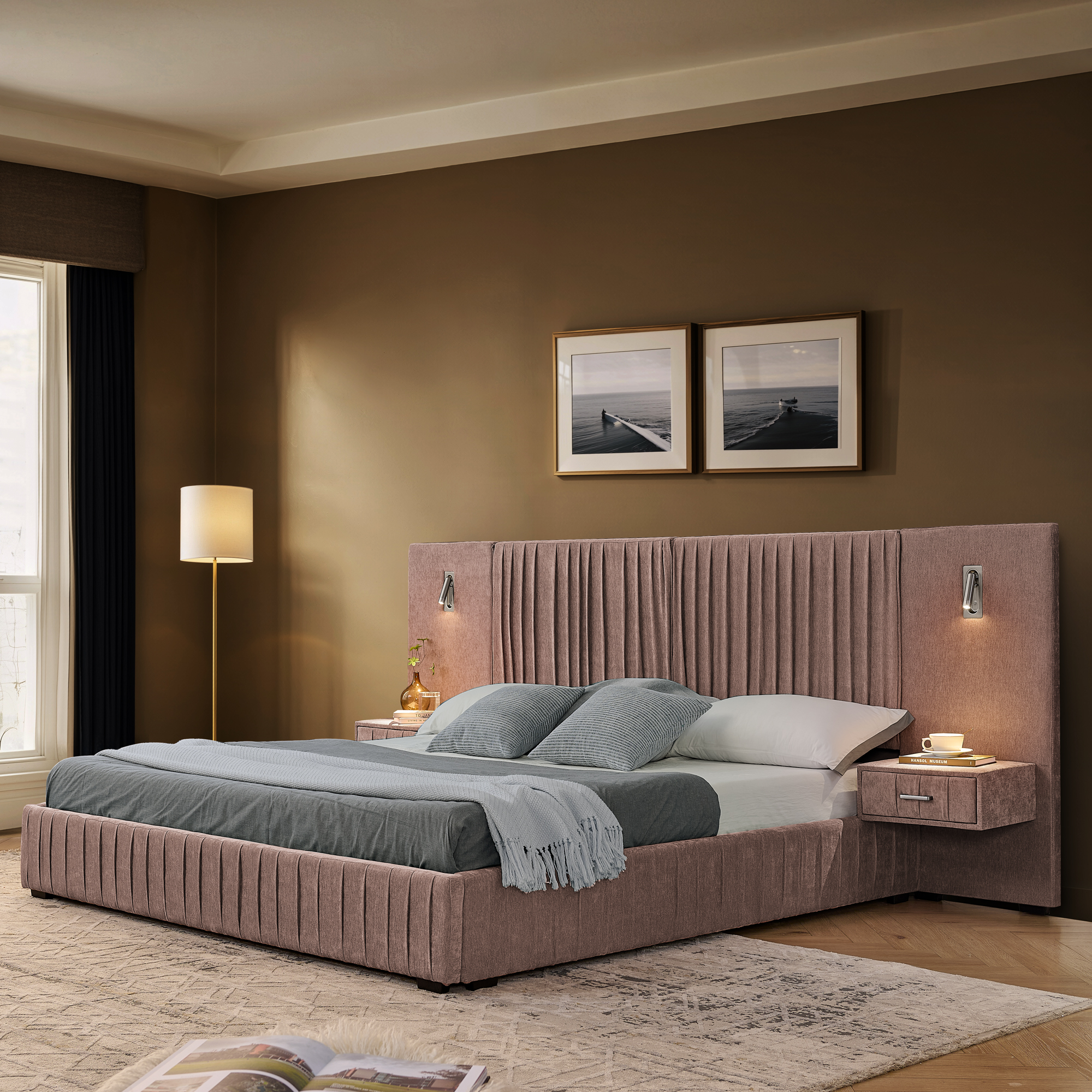 Queen Size Upholstered Bed Frame with Chenille fabric with pleated design,Grounded Queen Size Platform Bed with Headboard and Solid Frame and the bedside table.No Box Spring Needed-Pink - Image 1