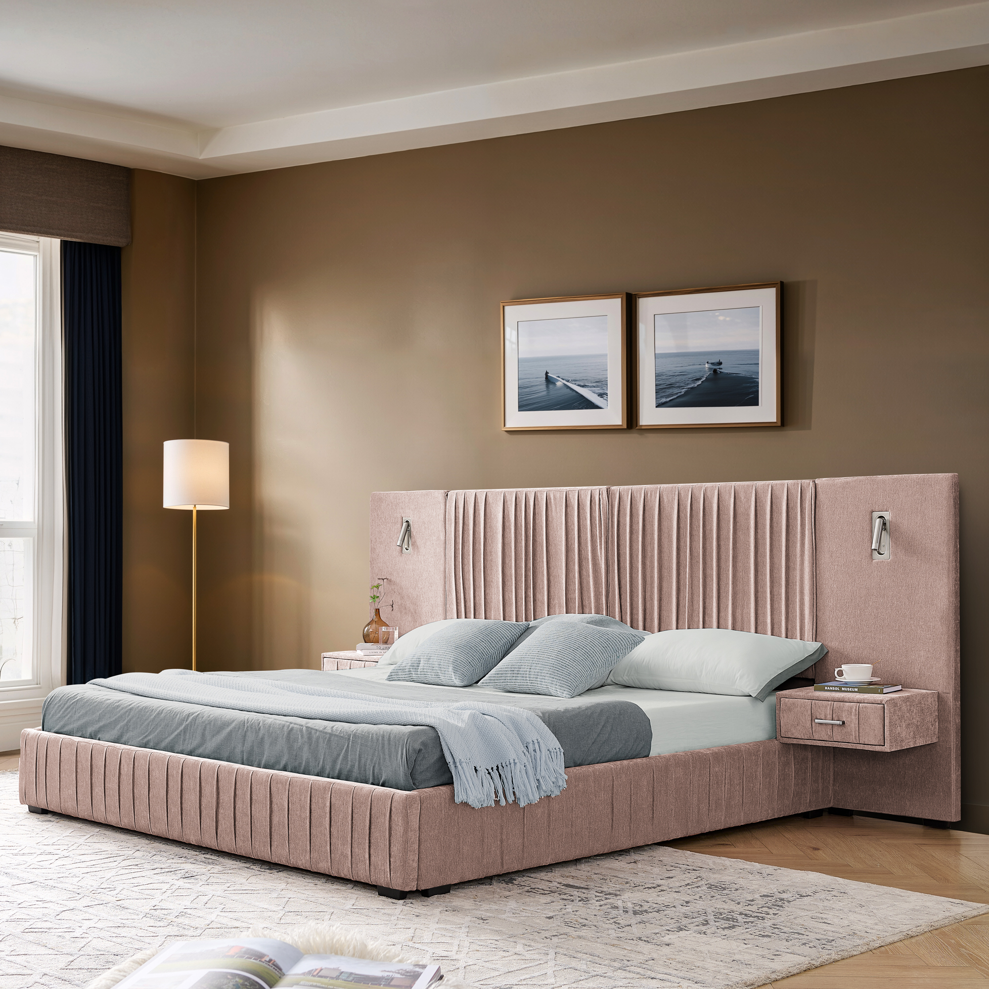 Queen Size Upholstered Bed Frame with Chenille fabric with pleated design,Grounded Queen Size Platform Bed with Headboard and Solid Frame and the bedside table.No Box Spring Needed-Pink - Image 2