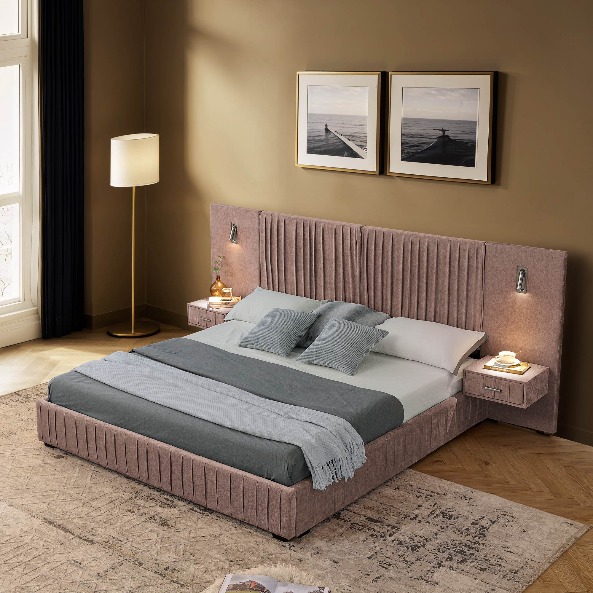 Queen Size Upholstered Bed Frame with Chenille fabric with pleated design,Grounded Queen Size Platform Bed with Headboard and Solid Frame and the bedside table.No Box Spring Needed-Pink - Image 3