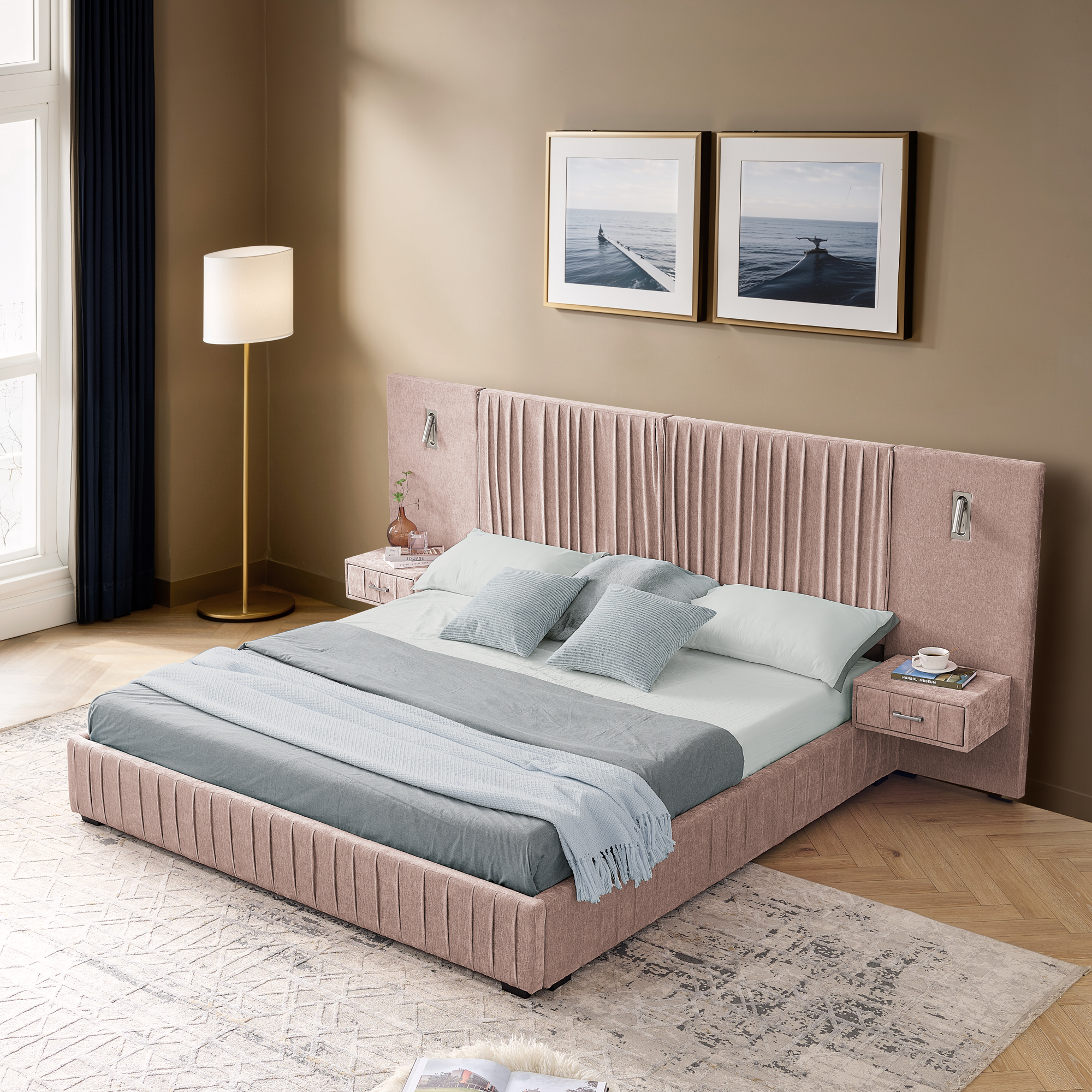 Queen Size Upholstered Bed Frame with Chenille fabric with pleated design,Grounded Queen Size Platform Bed with Headboard and Solid Frame and the bedside table.No Box Spring Needed-Pink - Image 4