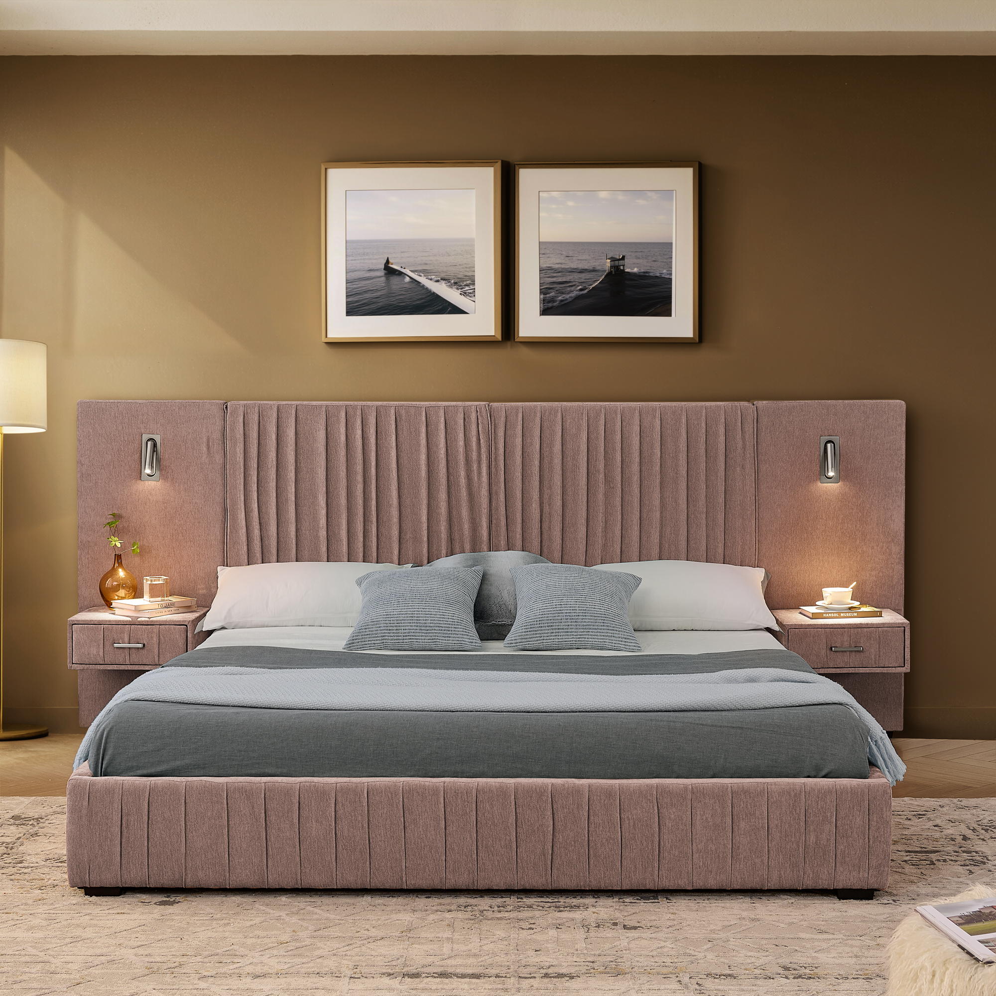 Queen Size Upholstered Bed Frame with Chenille fabric with pleated design,Grounded Queen Size Platform Bed with Headboard and Solid Frame and the bedside table.No Box Spring Needed-Pink - Image 5