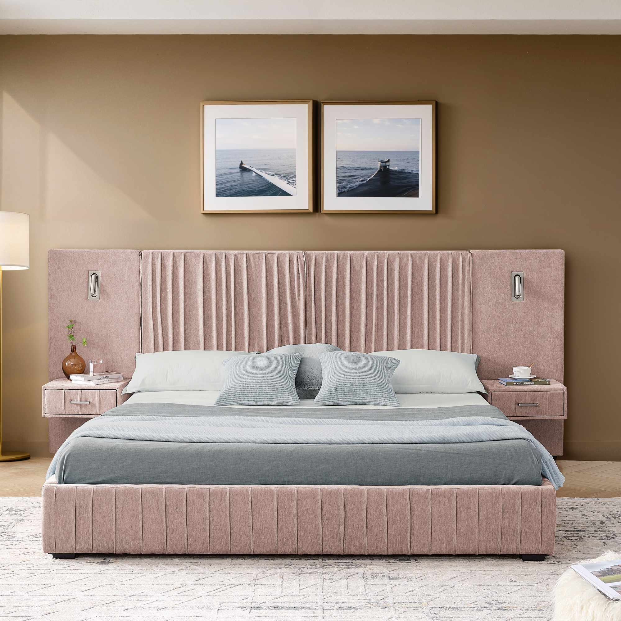 Queen Size Upholstered Bed Frame with Chenille fabric with pleated design,Grounded Queen Size Platform Bed with Headboard and Solid Frame and the bedside table.No Box Spring Needed-Pink - Image 6